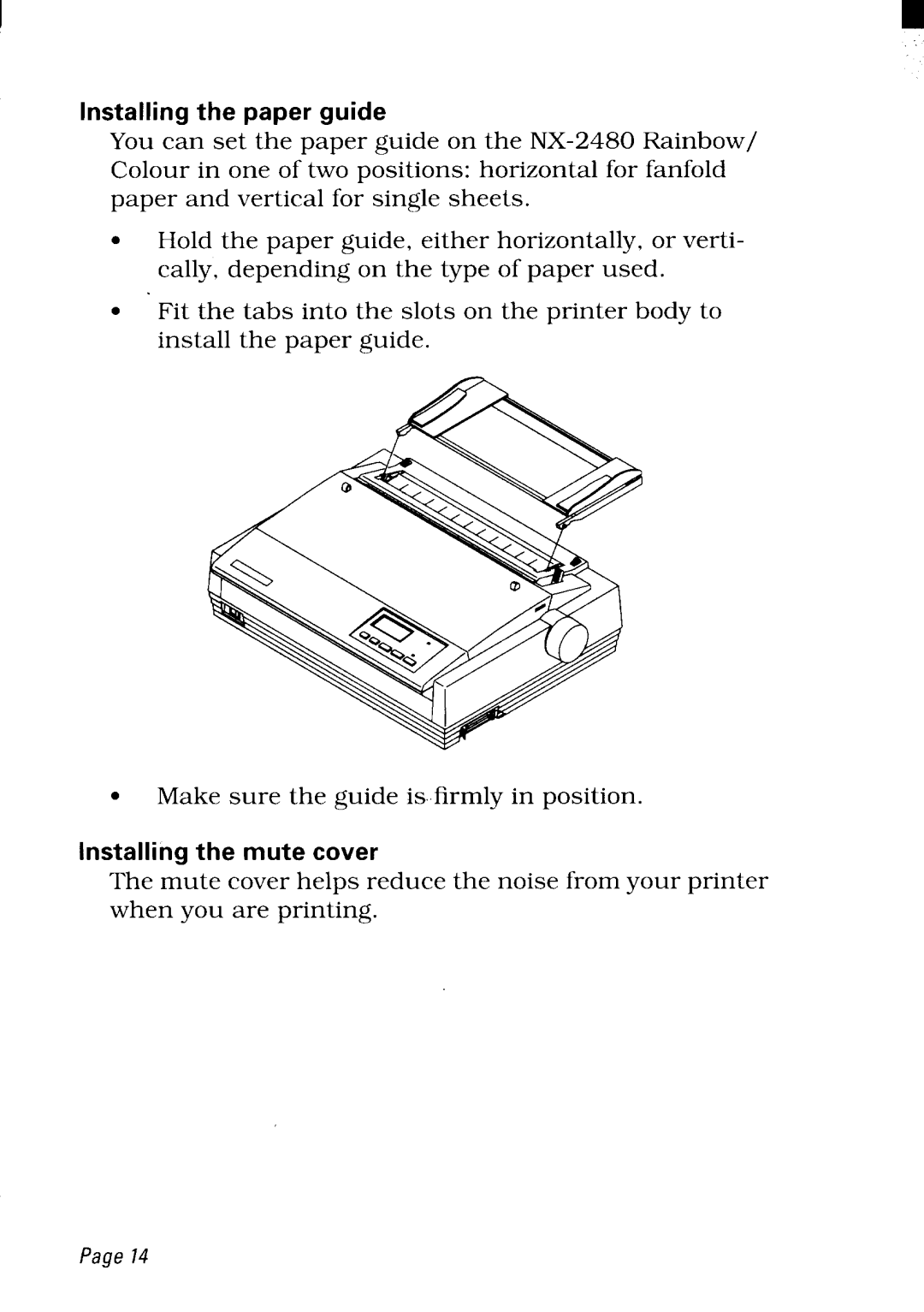 Star Micronics NX-2480 user manual Installing the paper guide, Installing the mute cover 