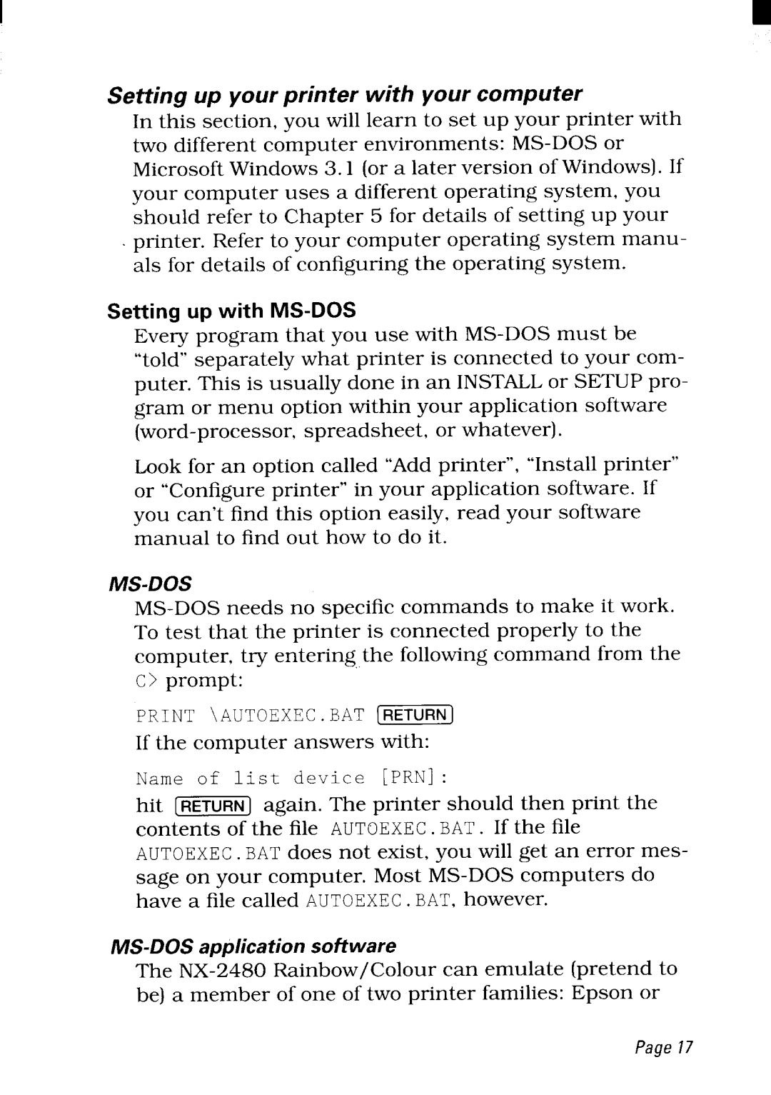 Star Micronics NX-2480 user manual Setting up your printer with your computer, Setting up with MS-DOS 