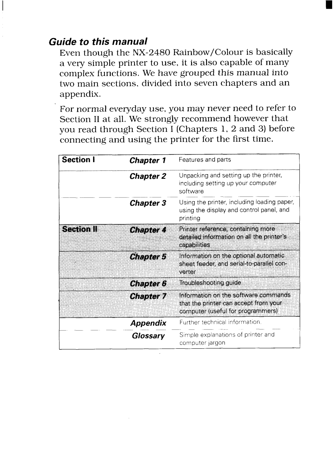 Star Micronics NX-2480 user manual Guide to this manual, SectionI Chapter 