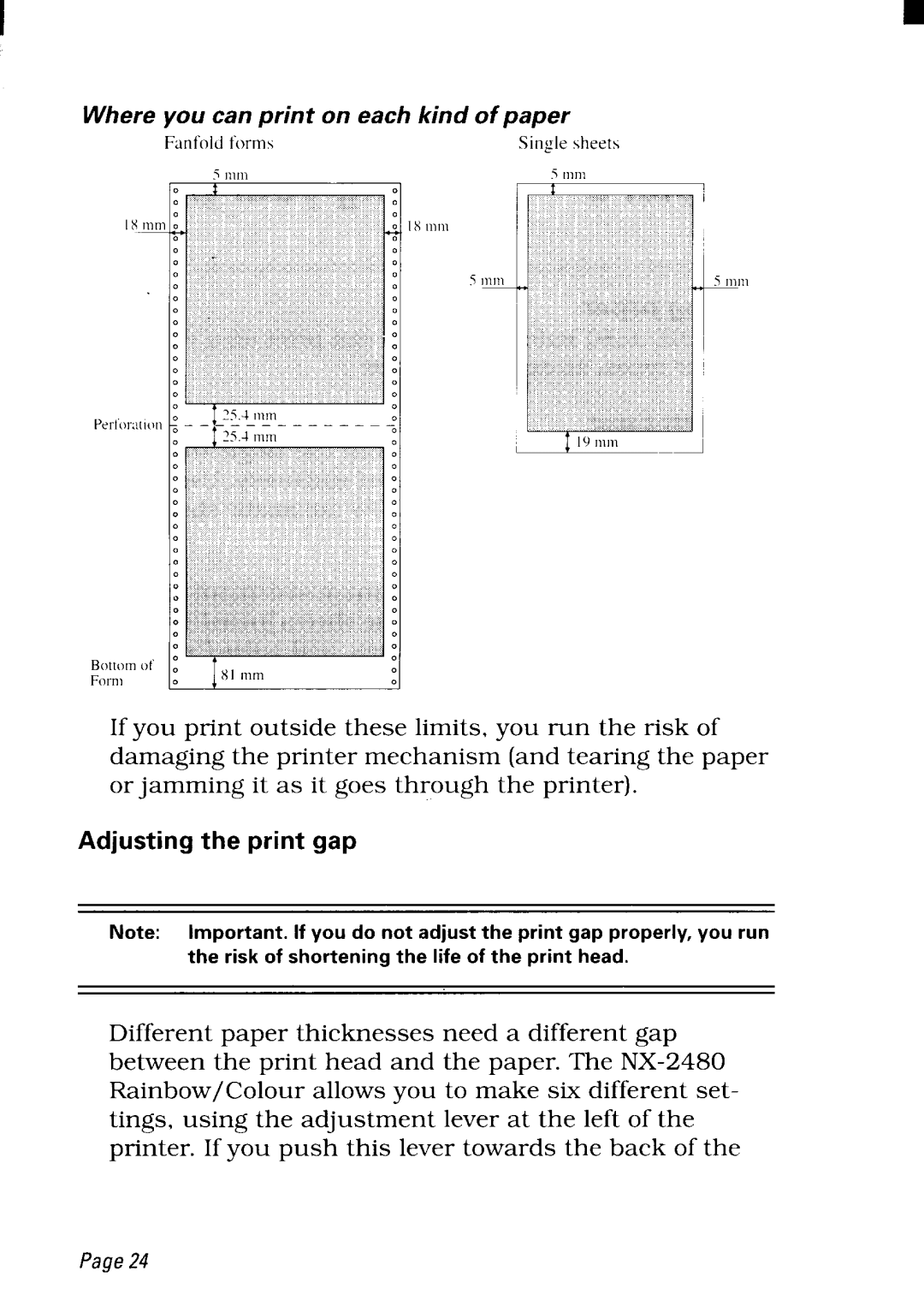 Star Micronics NX-2480 user manual Adjusting the print gap 