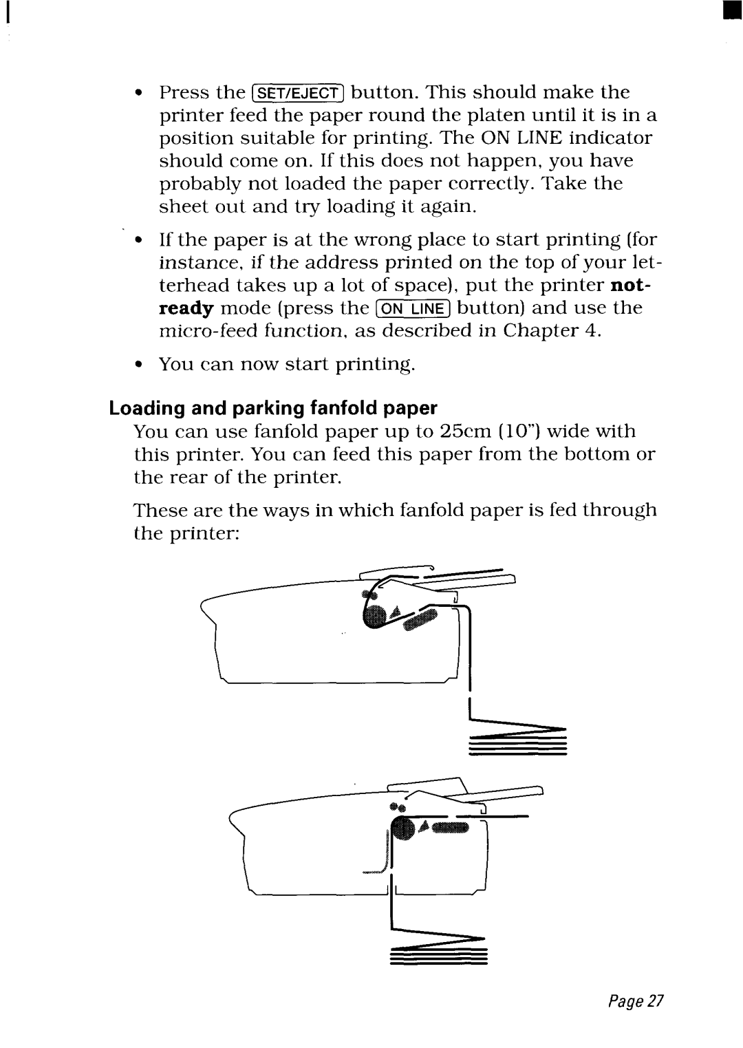 Star Micronics NX-2480 user manual Loading and parking fanfold paper 