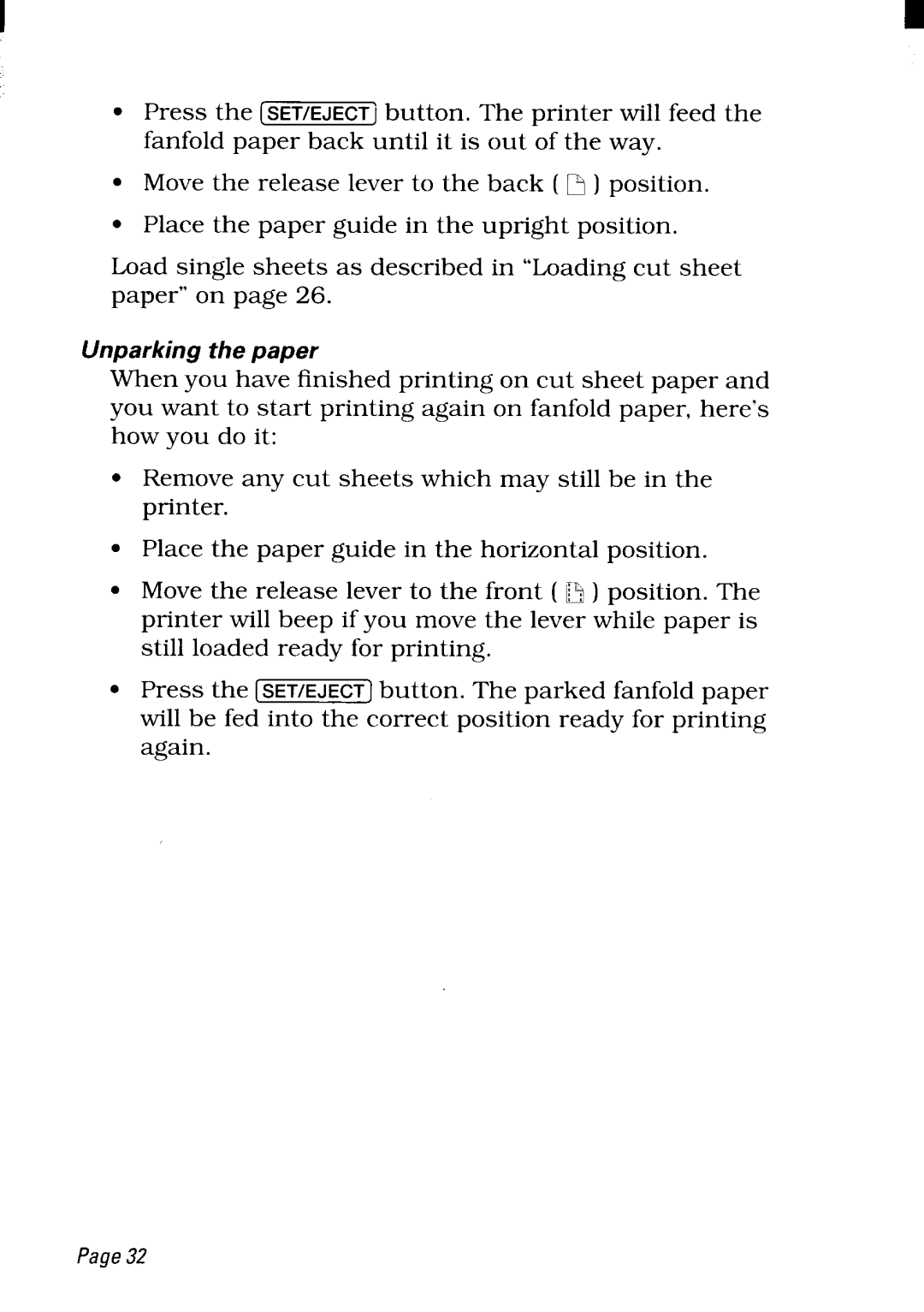 Star Micronics NX-2480 user manual Unparking the paper 