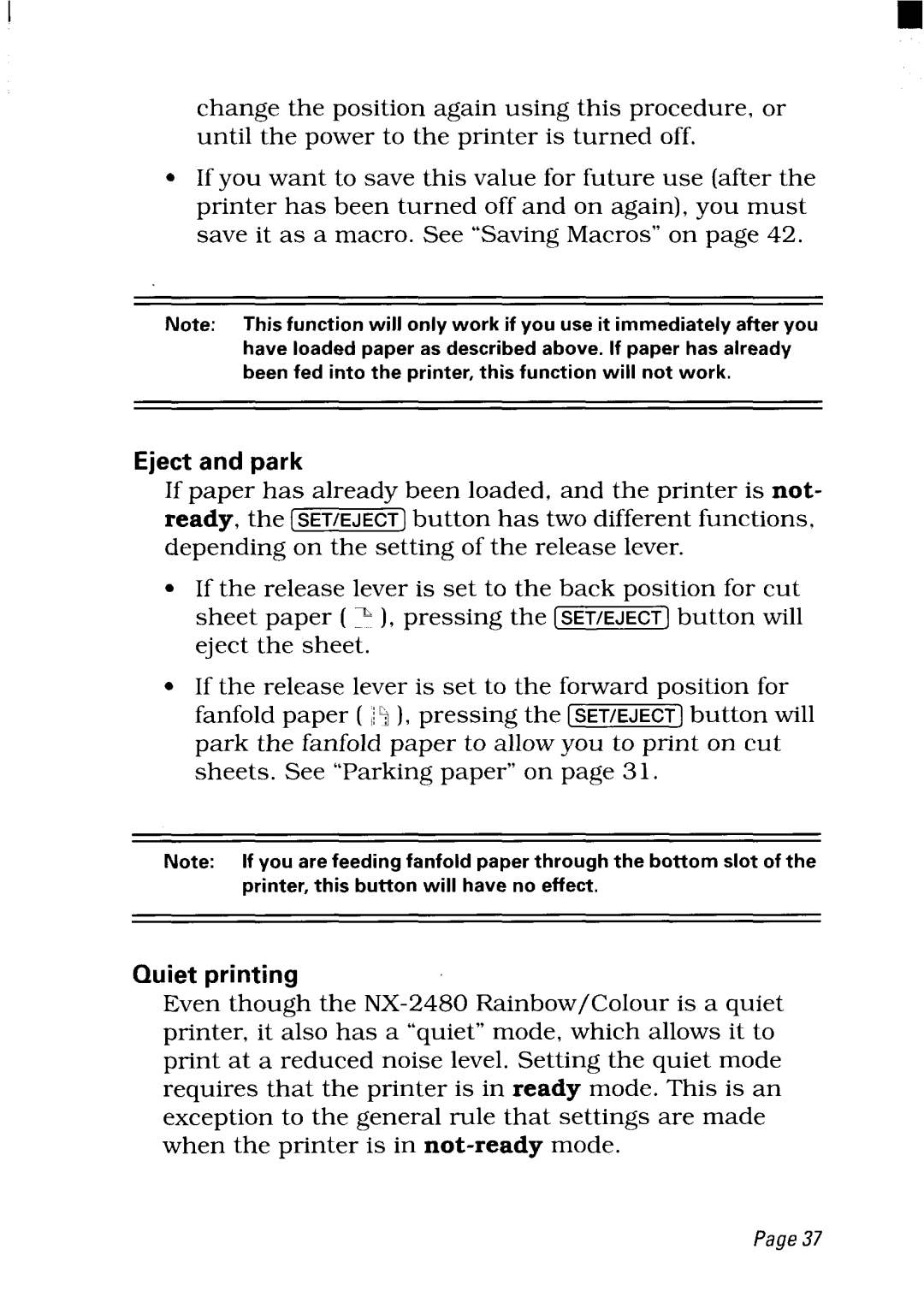 Star Micronics NX-2480 user manual Eject and park, Quiet printing 