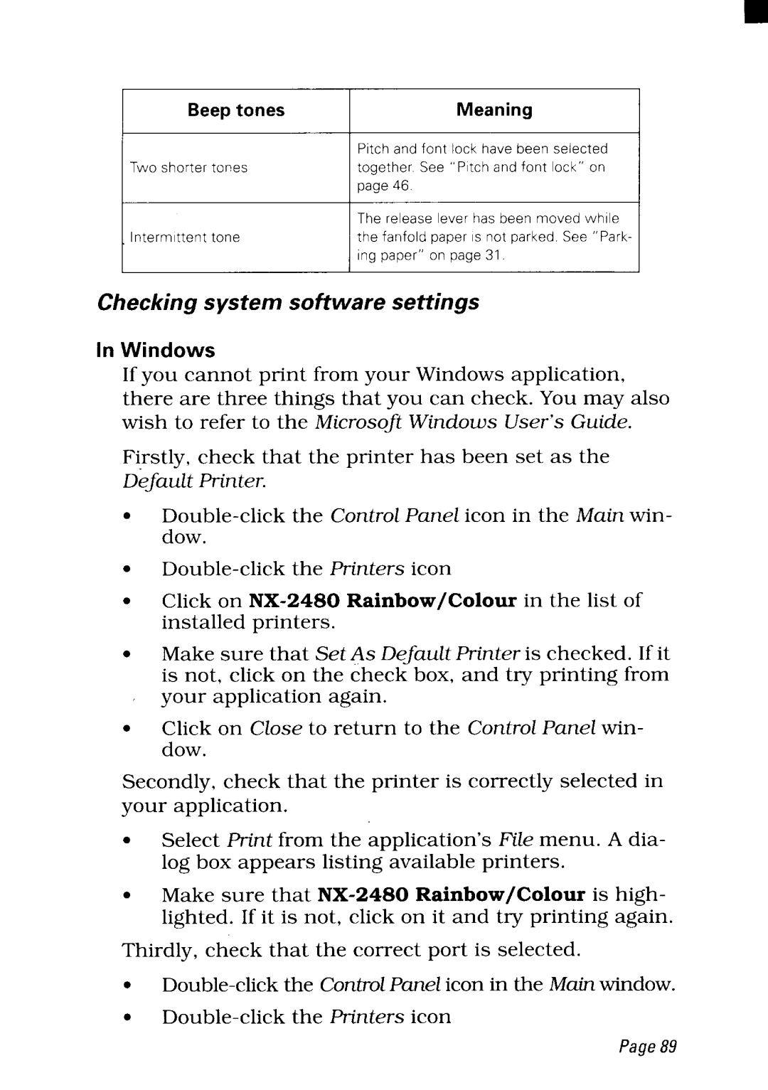 Star Micronics NX-2480 user manual Checking system software settings 