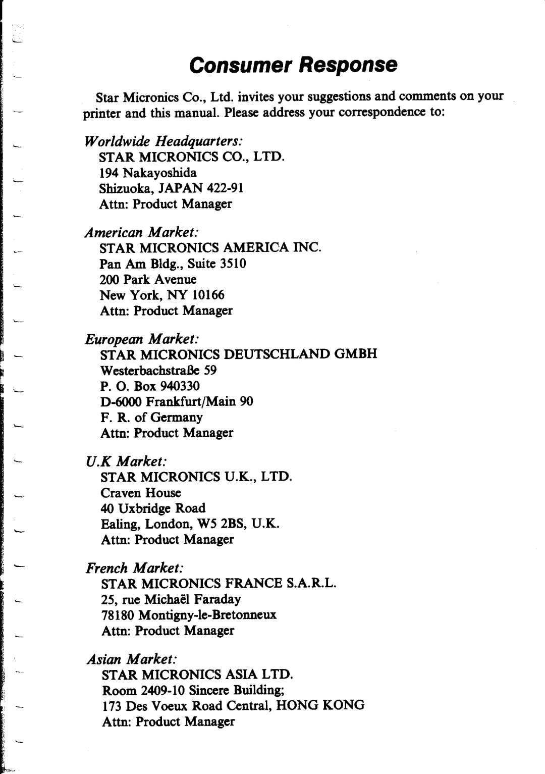 Star Micronics NX-I 00011 manual ConsumerResponse 