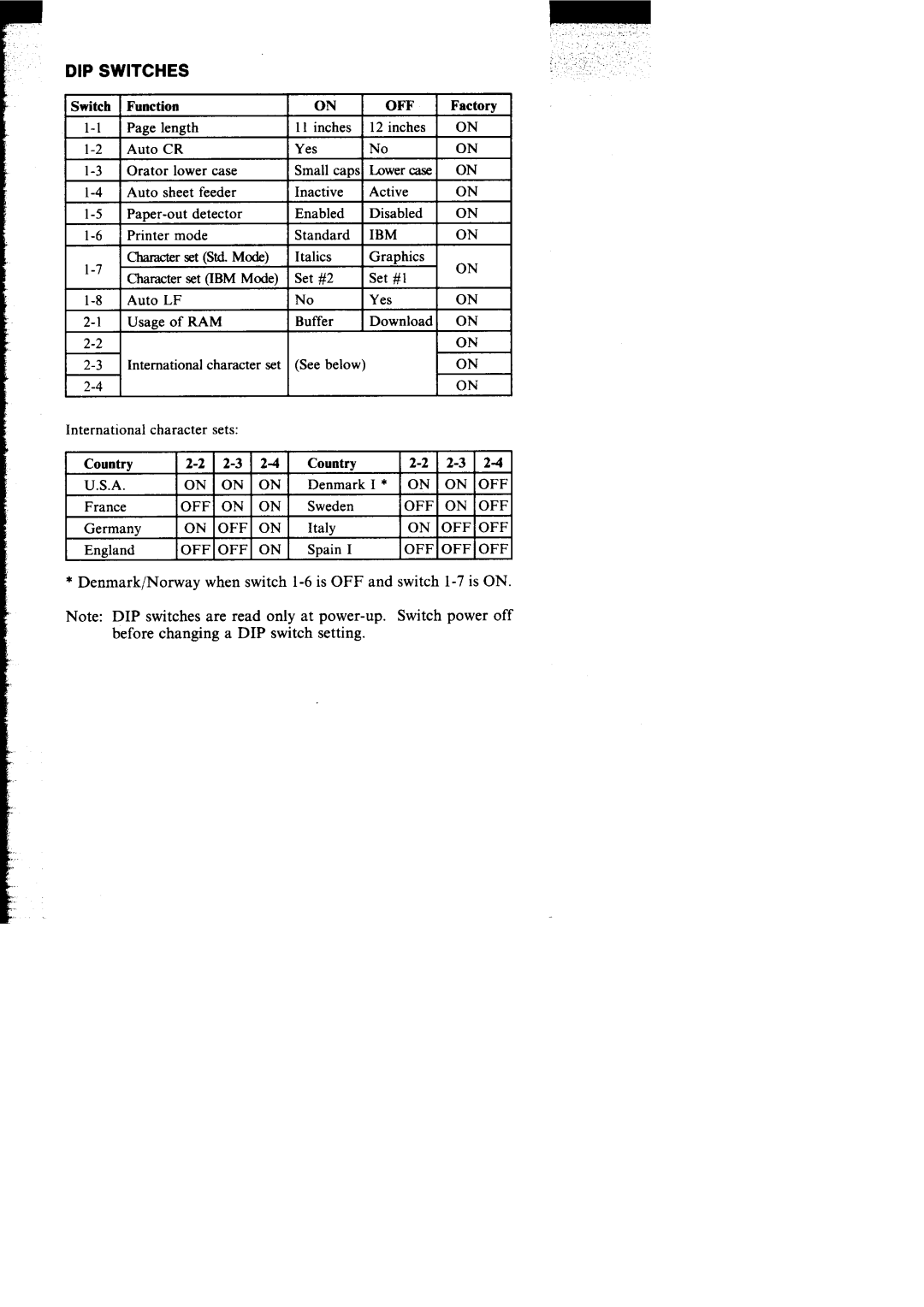 Star Micronics NX-I 00011 manual DIP Switches, Off 