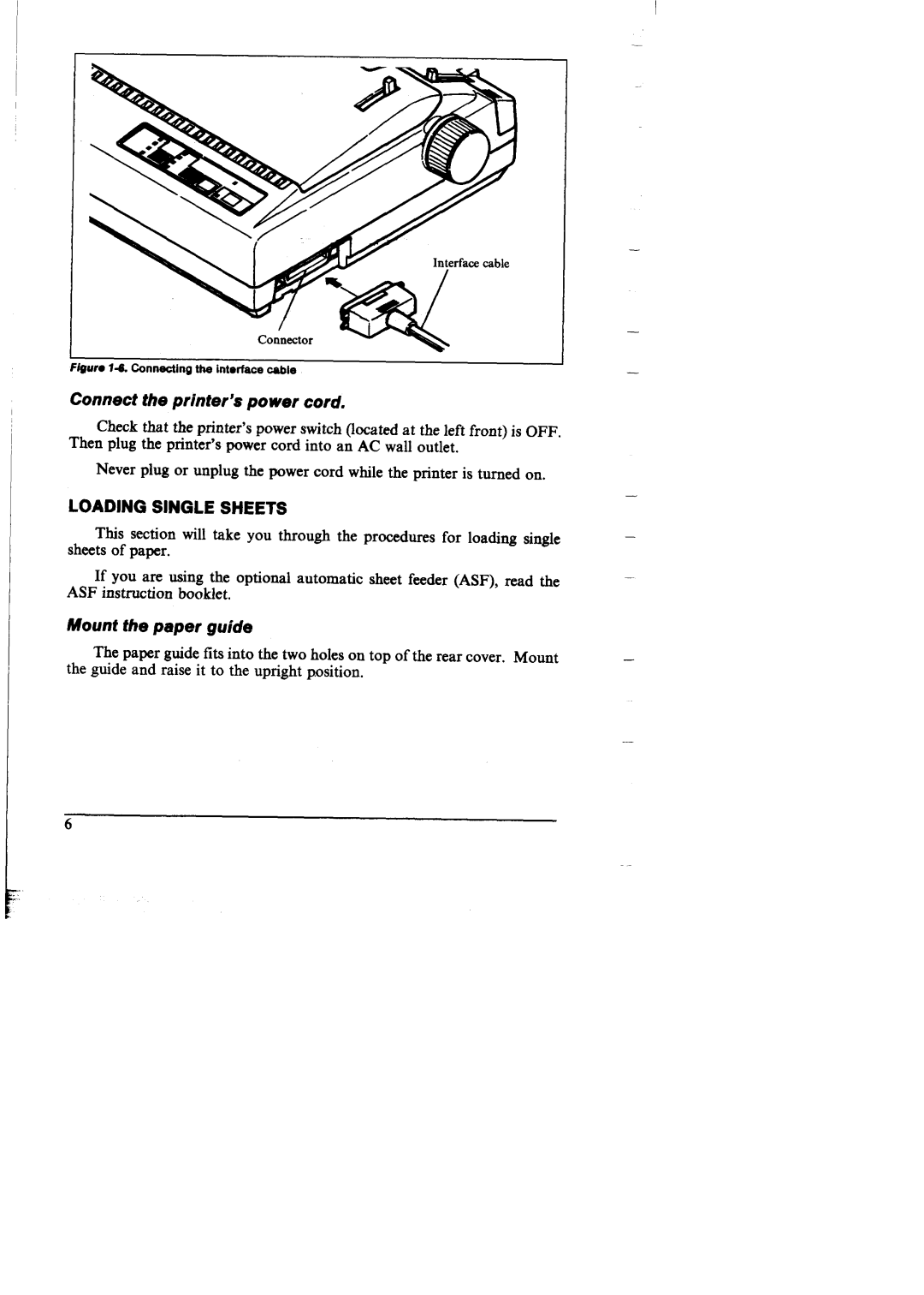 Star Micronics NX-I 00011 manual Loadingsinglesheets, Connect the printer’s power cord, Mount the paper guide 