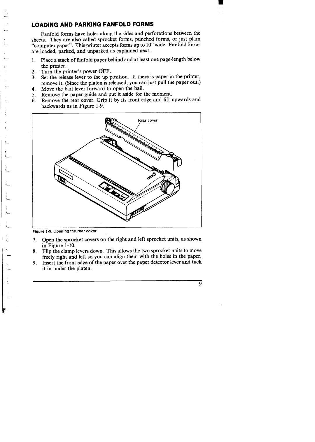 Star Micronics NX-I 00011 manual Loadingand Parkingfanfoldforms, Opening the rear cover 