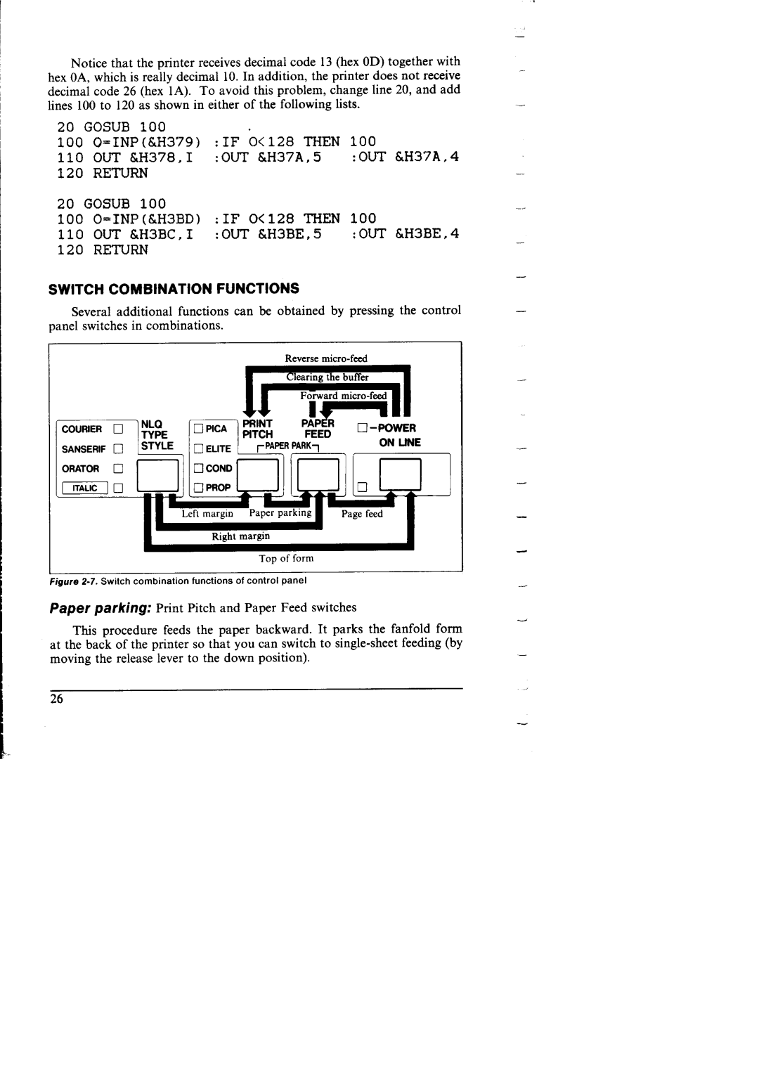 Star Micronics NX-I 00011 manual Switch Combination Functions, Switchcombination functions of control panel 