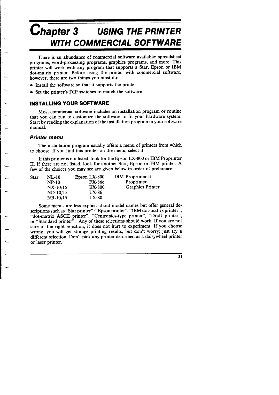 Star Micronics NX-I 00011 manual Installing Your Software, Printer menu 