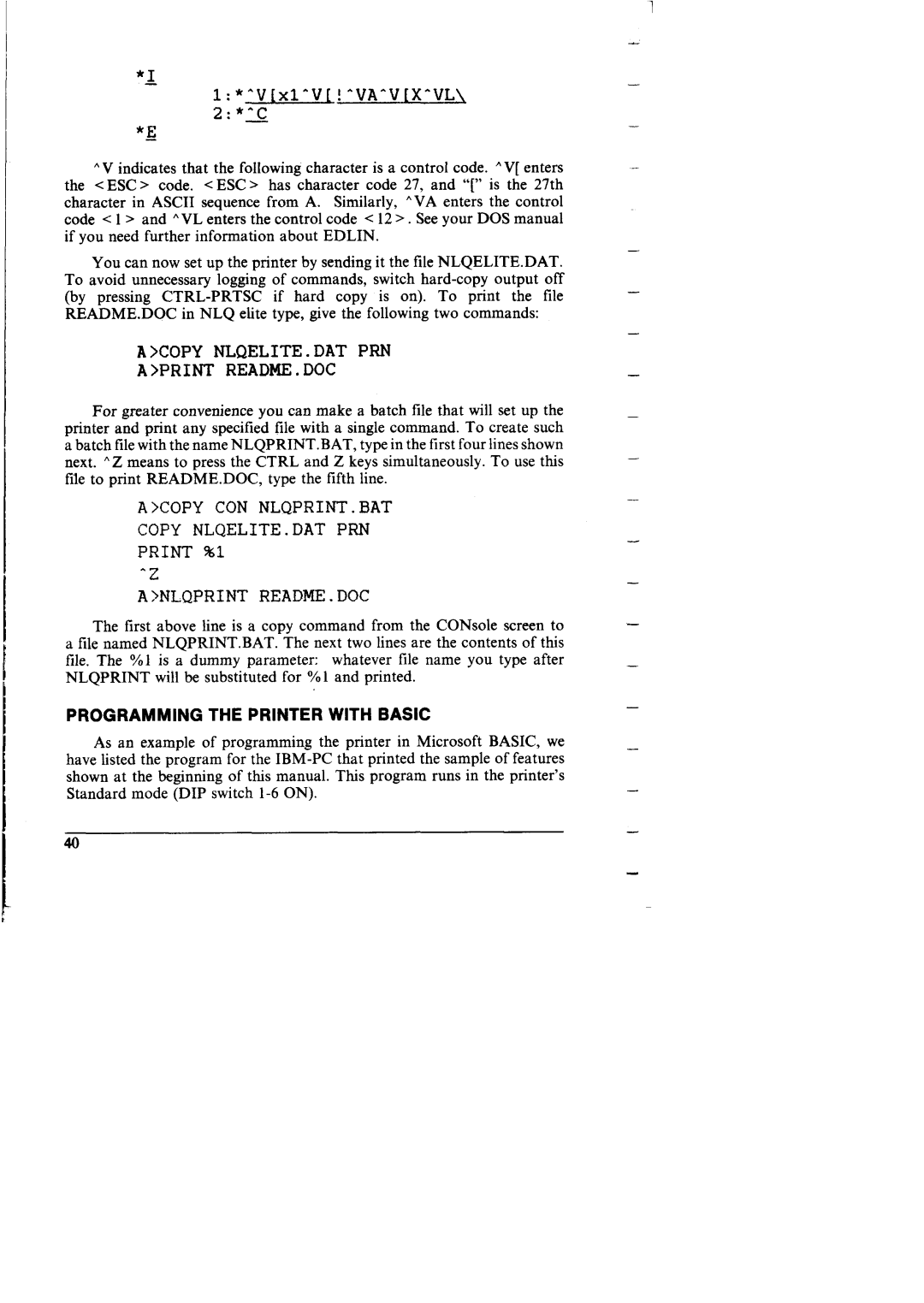 Star Micronics NX-I 00011 manual Acopy Nlqelite . DAT PRN Aprint README. DOC, Programming the Printer with Basic 