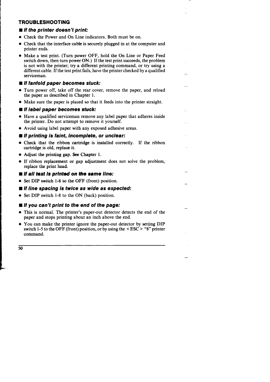 Star Micronics NX-I 00011 Printer doesn’t print, If fanfo/d paper becomes stuck, If all text1sprinted on the came line 