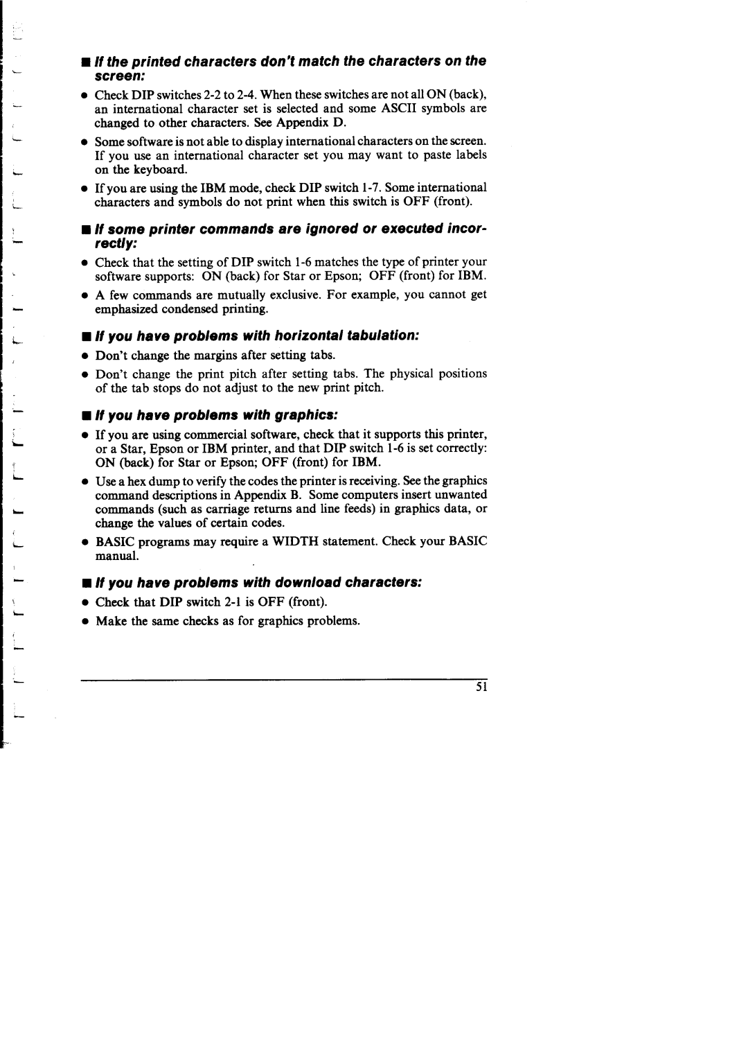 Star Micronics NX-I 00011 manual If you have problems with horizontal tabulation, If you have problems with graphics 