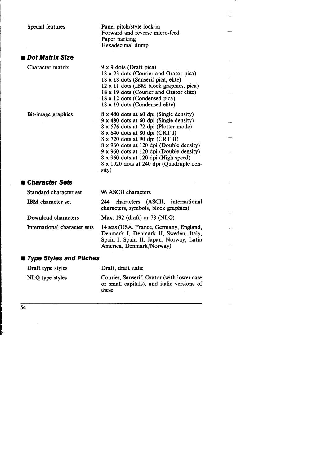 Star Micronics NX-I 00011 manual Dot Matrix Size, Character Sets 