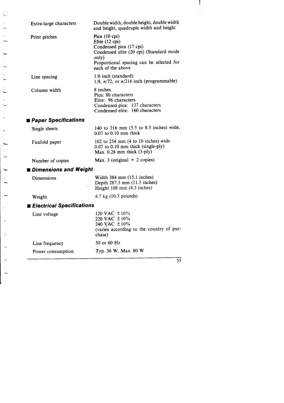 Star Micronics NX-I 00011 manual Paper Specifications, Dimensions and Weight, Electrical Specifications 