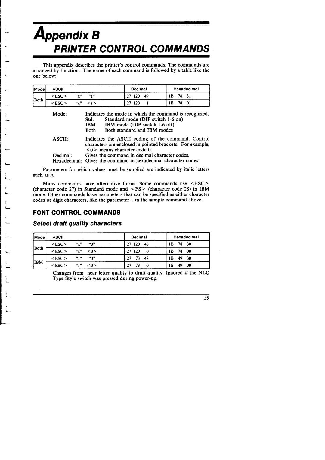 Star Micronics NX-I 00011 manual Font Control Commands, Select draft quality characters 