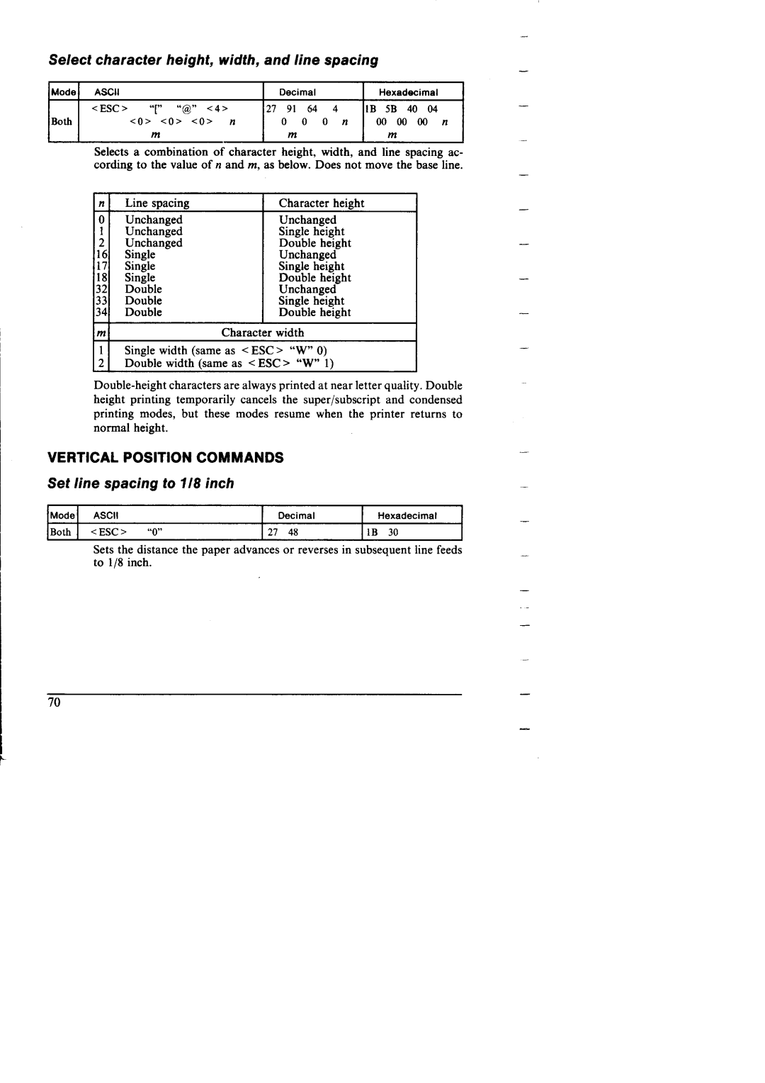 Star Micronics NX-I 00011 manual Select character height, width, and line spacing, Vertical Position Commands, 5B 40 1 n 