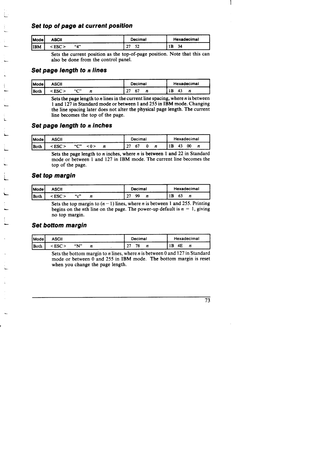 Star Micronics NX-I 00011 Set top of page at current position, Set page length ton lines, Set page length to n inches 