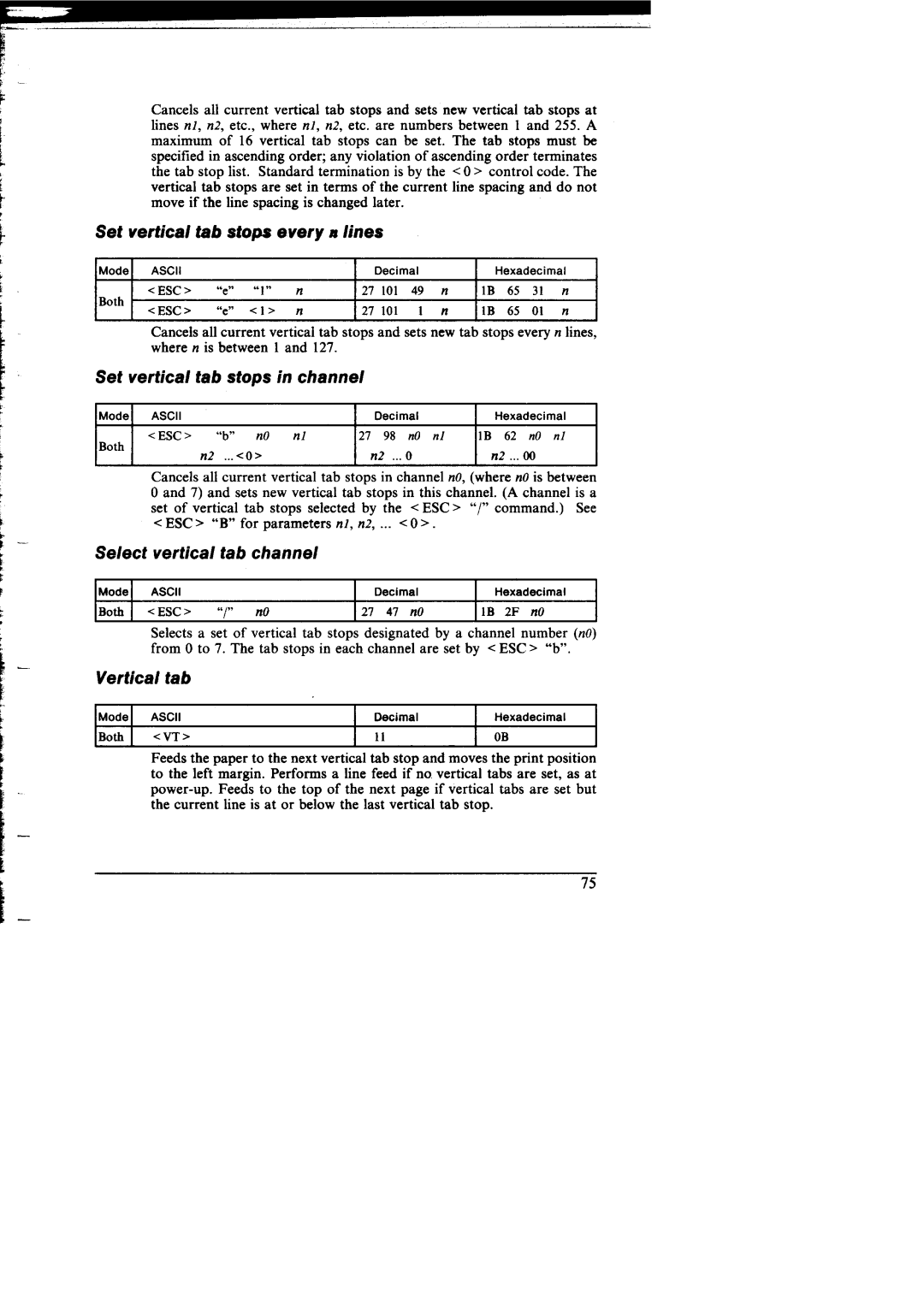 Star Micronics NX-I 00011 manual Set vertical tab stops every n /ines, Set vertical tab stops in channel, Vertical tab 