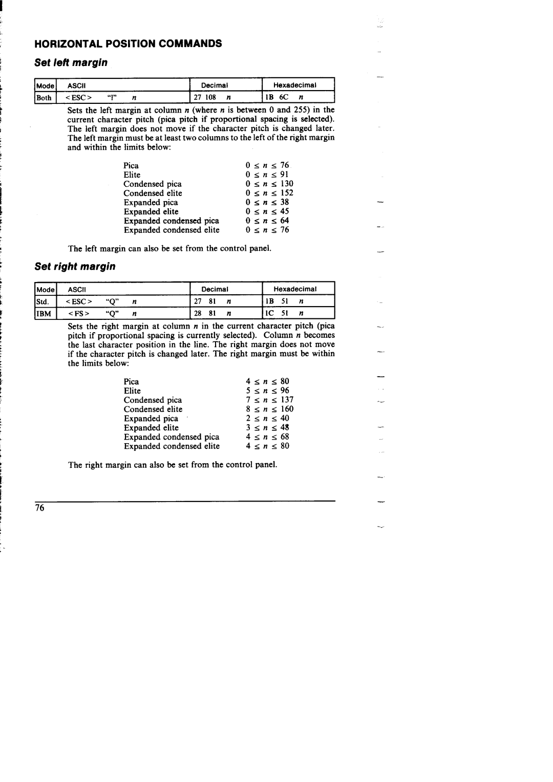 Star Micronics NX-I 00011 manual Horizontal Position Commands, Set left margin, Set right margin, IB 6C n 