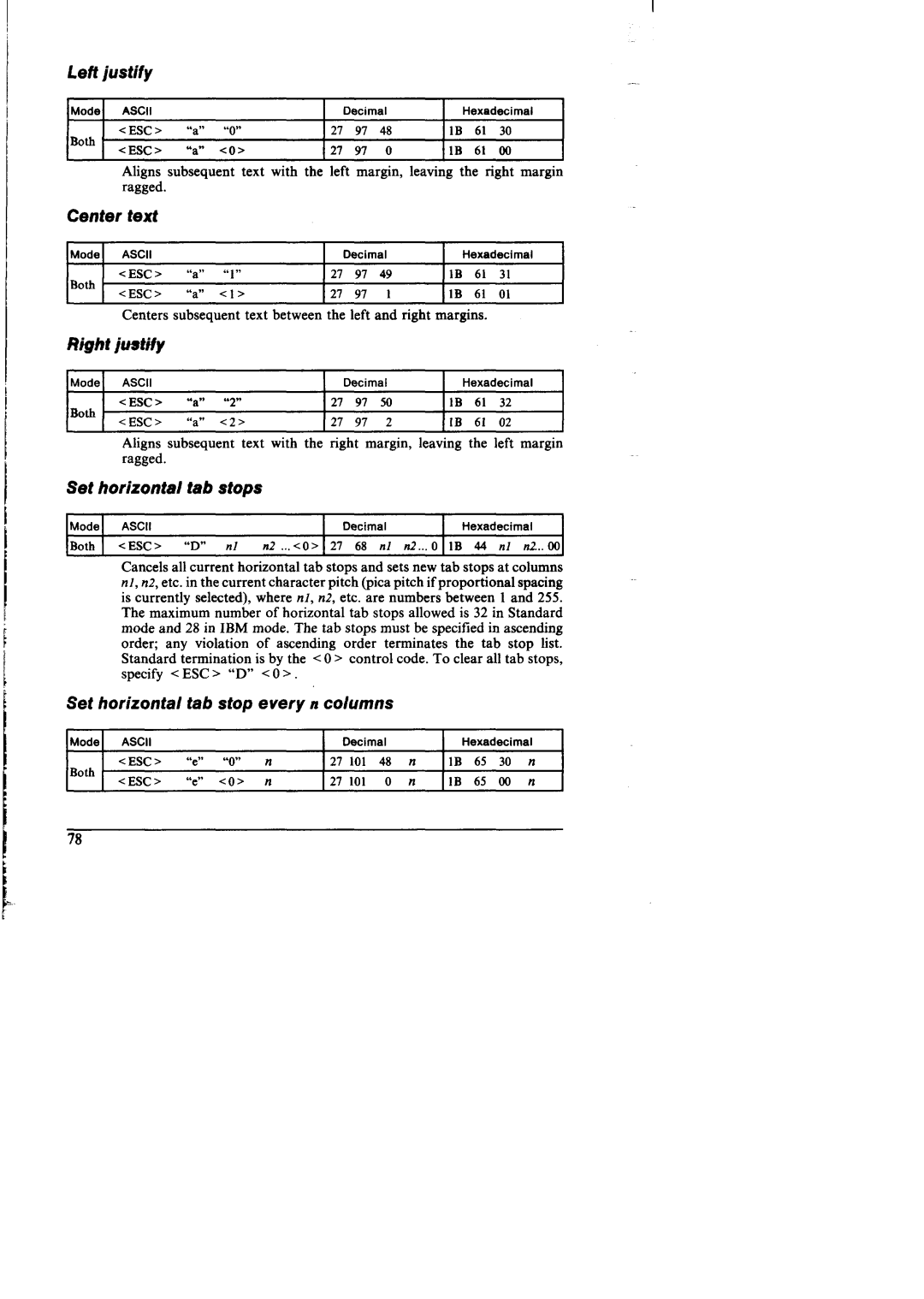 Star Micronics NX-I 00011 manual Left justify, Center text, Rightjustify, Set horizontal tab stops 