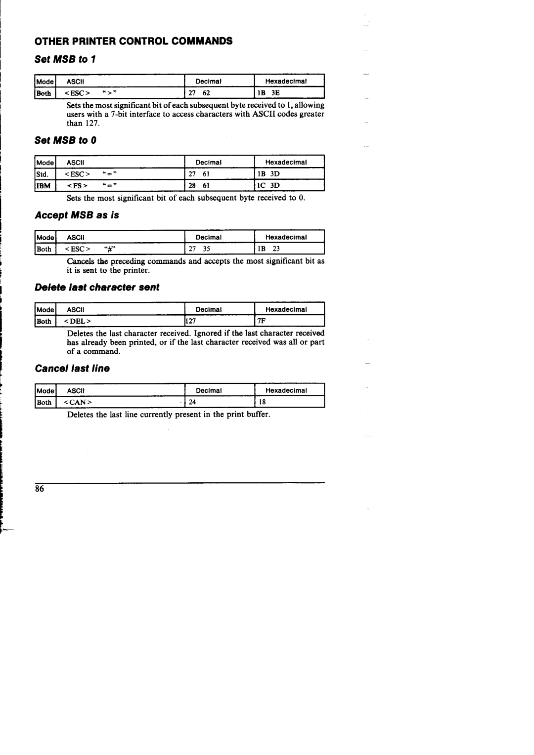 Star Micronics NX-I 00011 manual Other Printer Control Commands, Set MS13to, Accept MSB as is, Cancel last line 