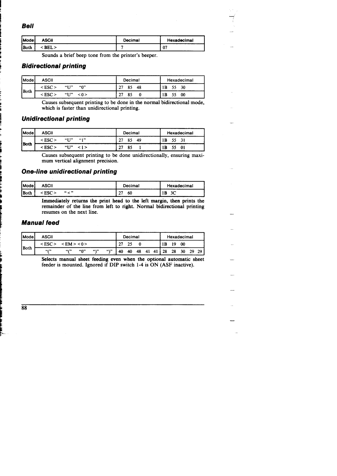 Star Micronics NX-I 00011 manual Bell, Bidirectional printing, Unidirectional printing, One-line unidirectional printing 