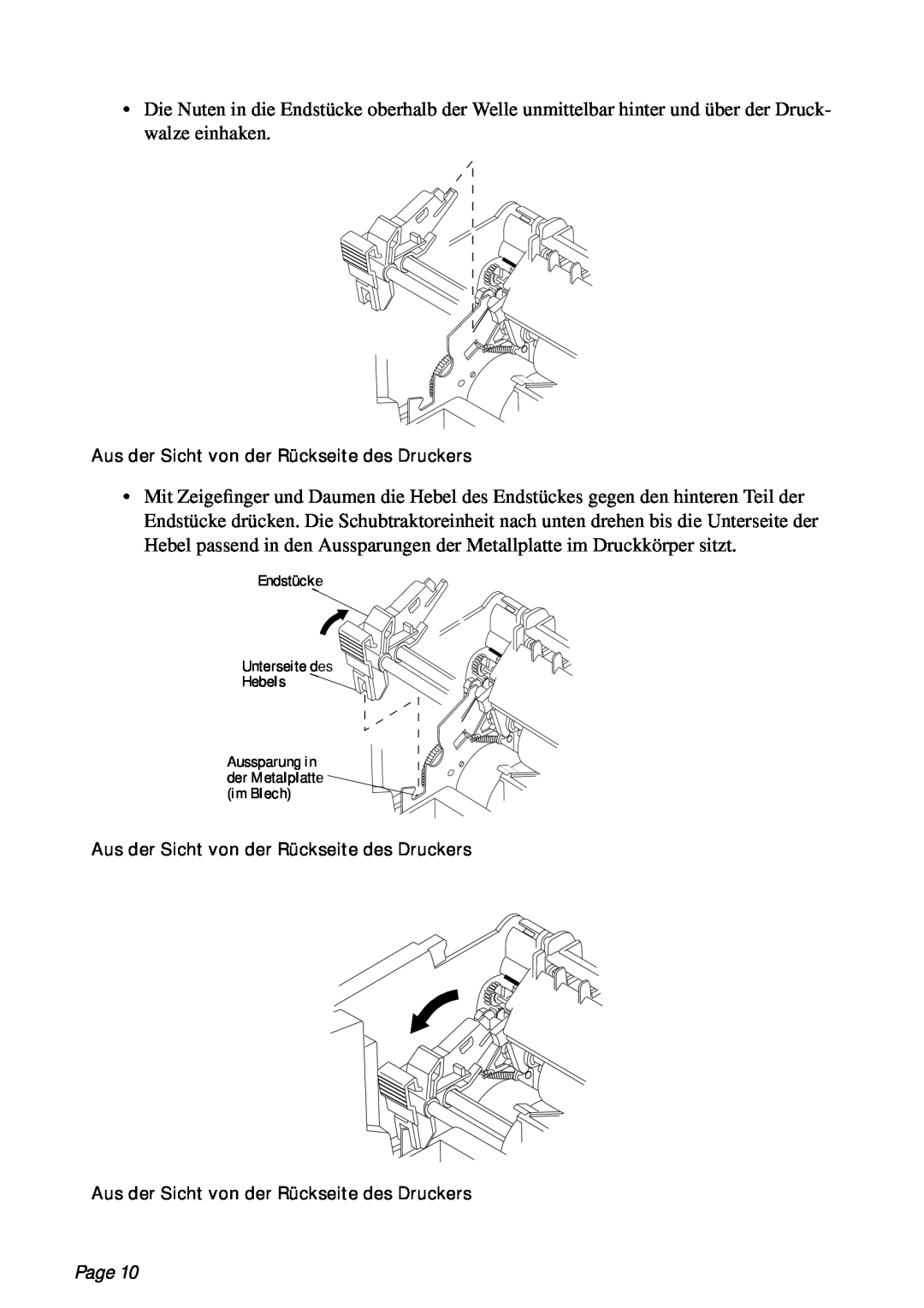 Star Micronics PT-10Q user manual Page, Endstücke Unterseite des Hebels, Aussparung in der Metalplatte im Blech 