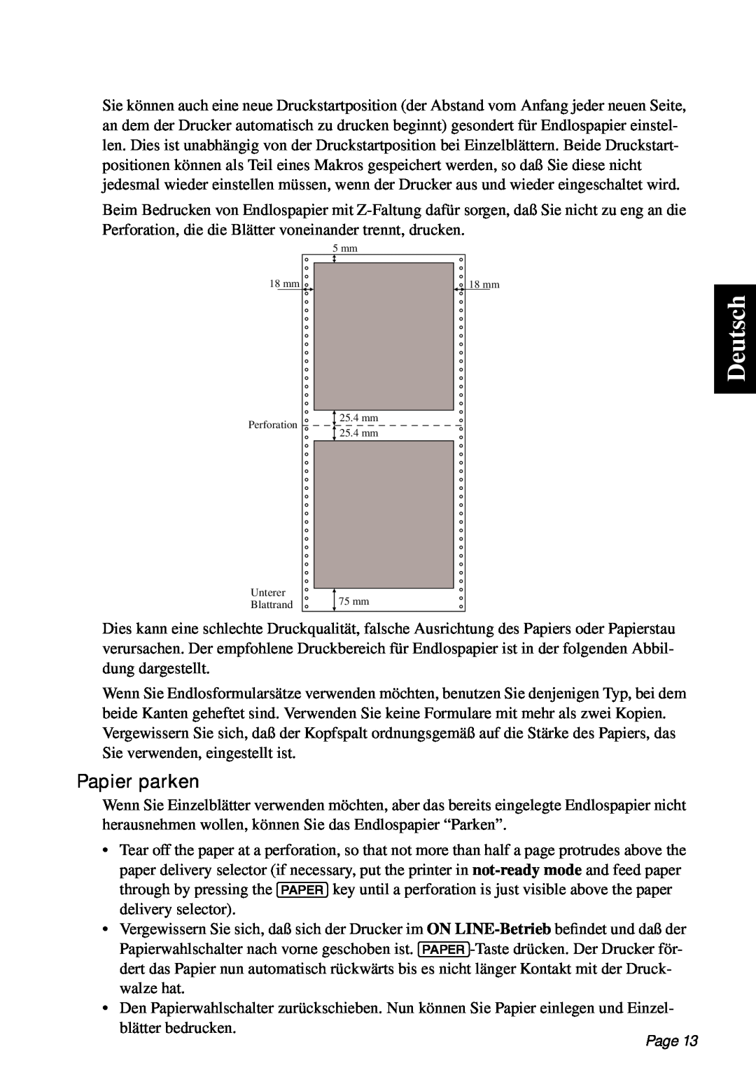 Star Micronics PT-10Q user manual Deutsch, Papier parken, Page 