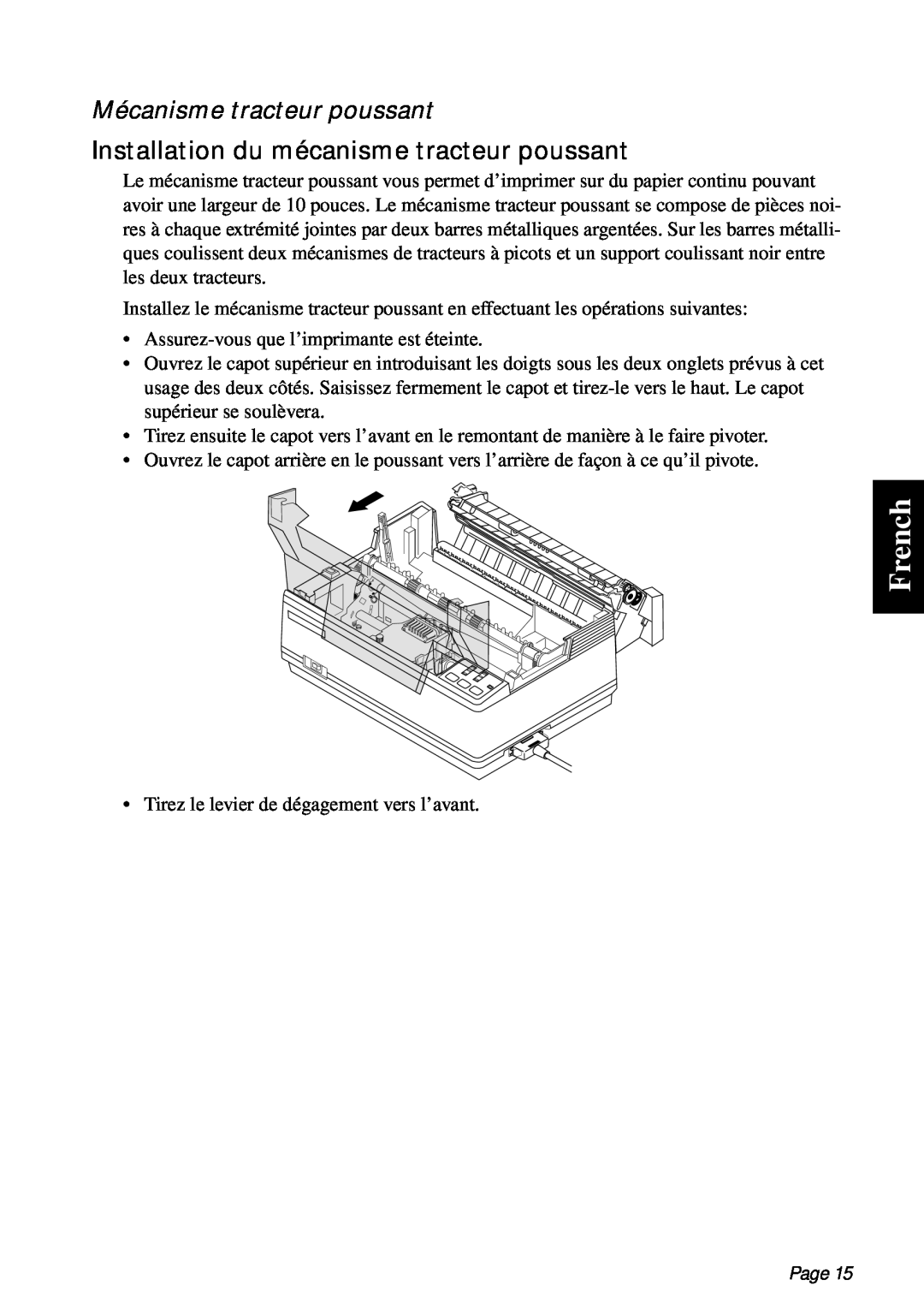 Star Micronics PT-10Q user manual French, Mécanisme tracteur poussant, Installation du mécanisme tracteur poussant, Page 
