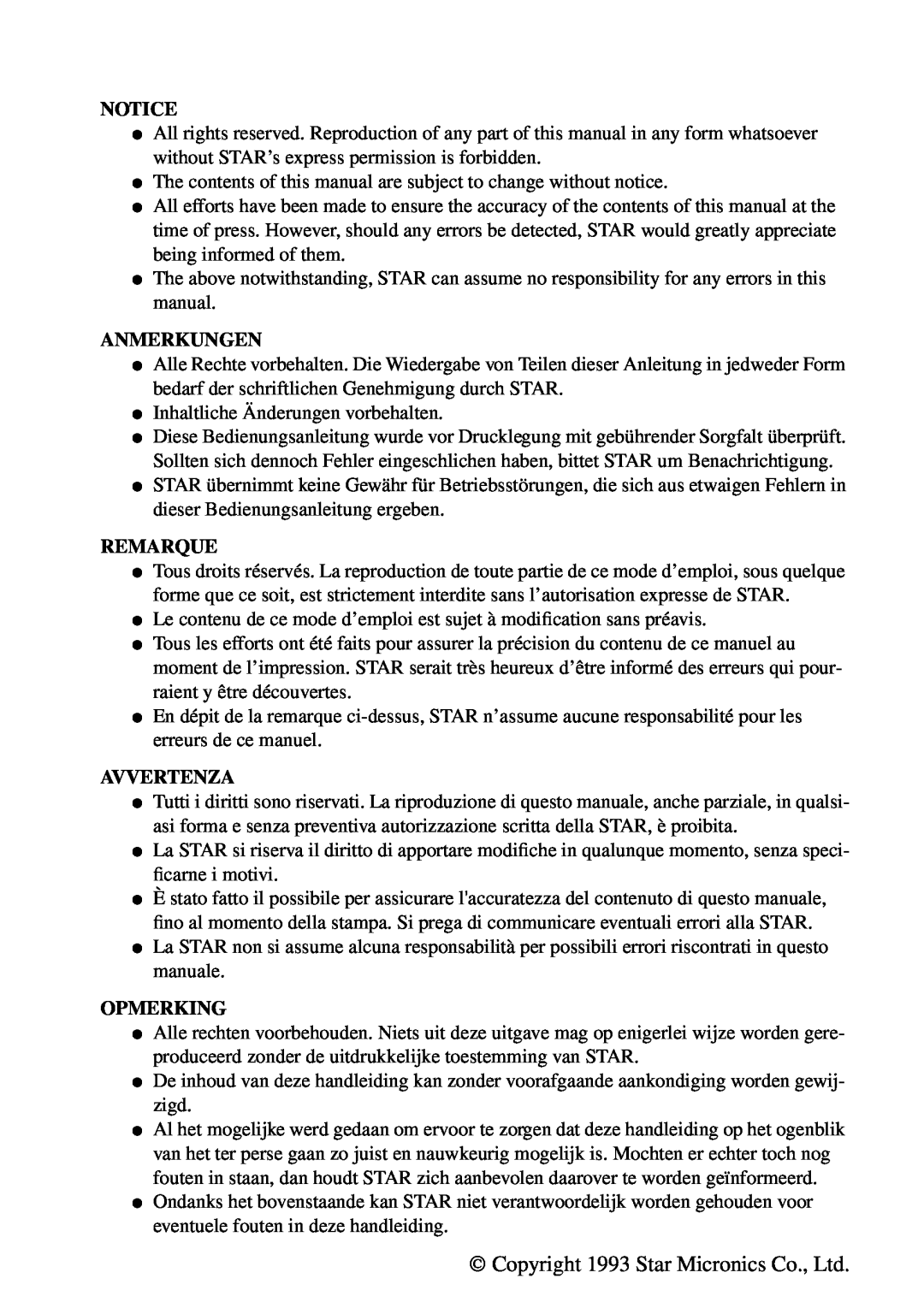 Star Micronics PT-10Q user manual Anmerkungen, Remarque, Avvertenza, Opmerking 