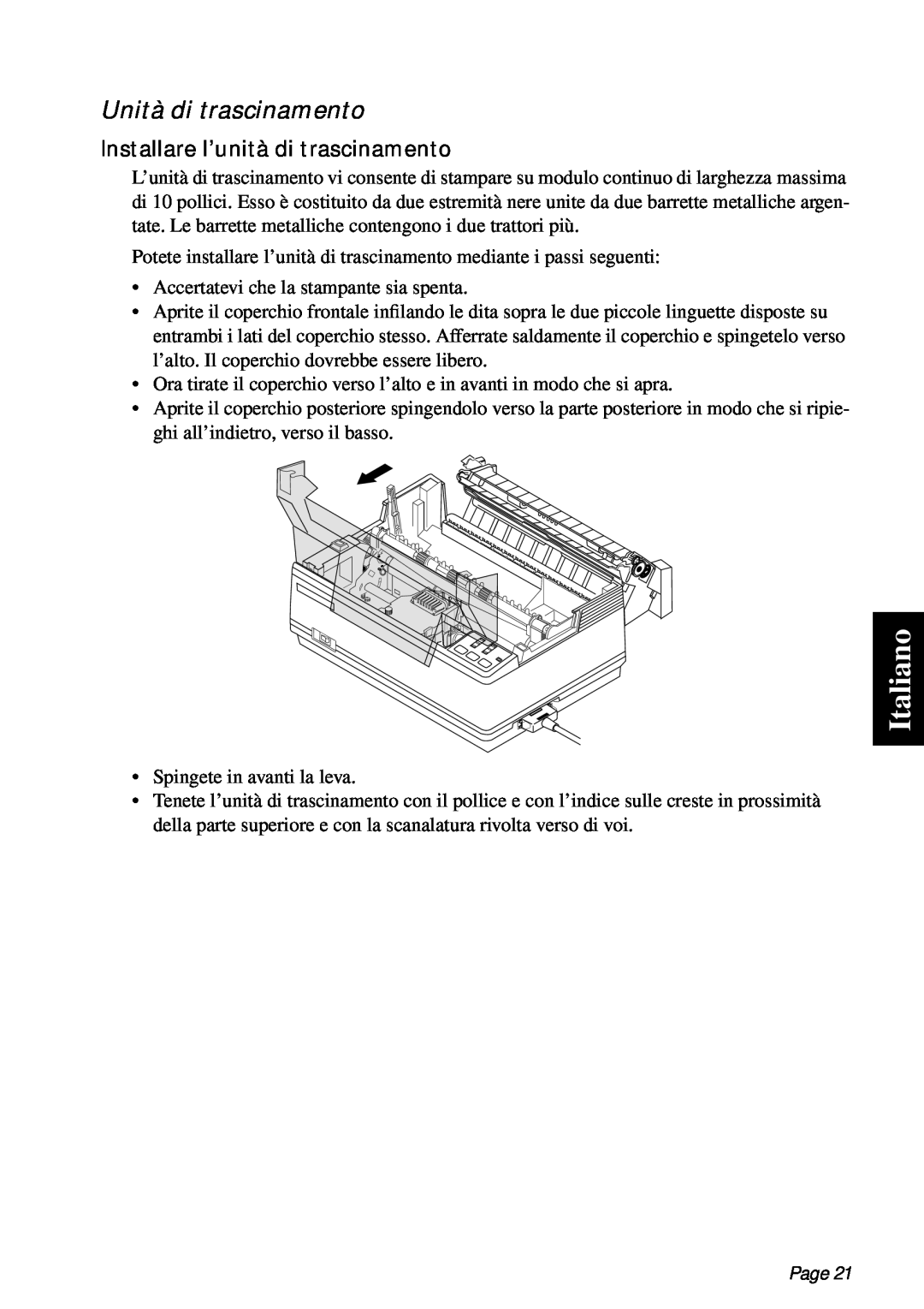 Star Micronics PT-10Q user manual Italiano, Unità di trascinamento, Installare l’unità di trascinamento, Page 