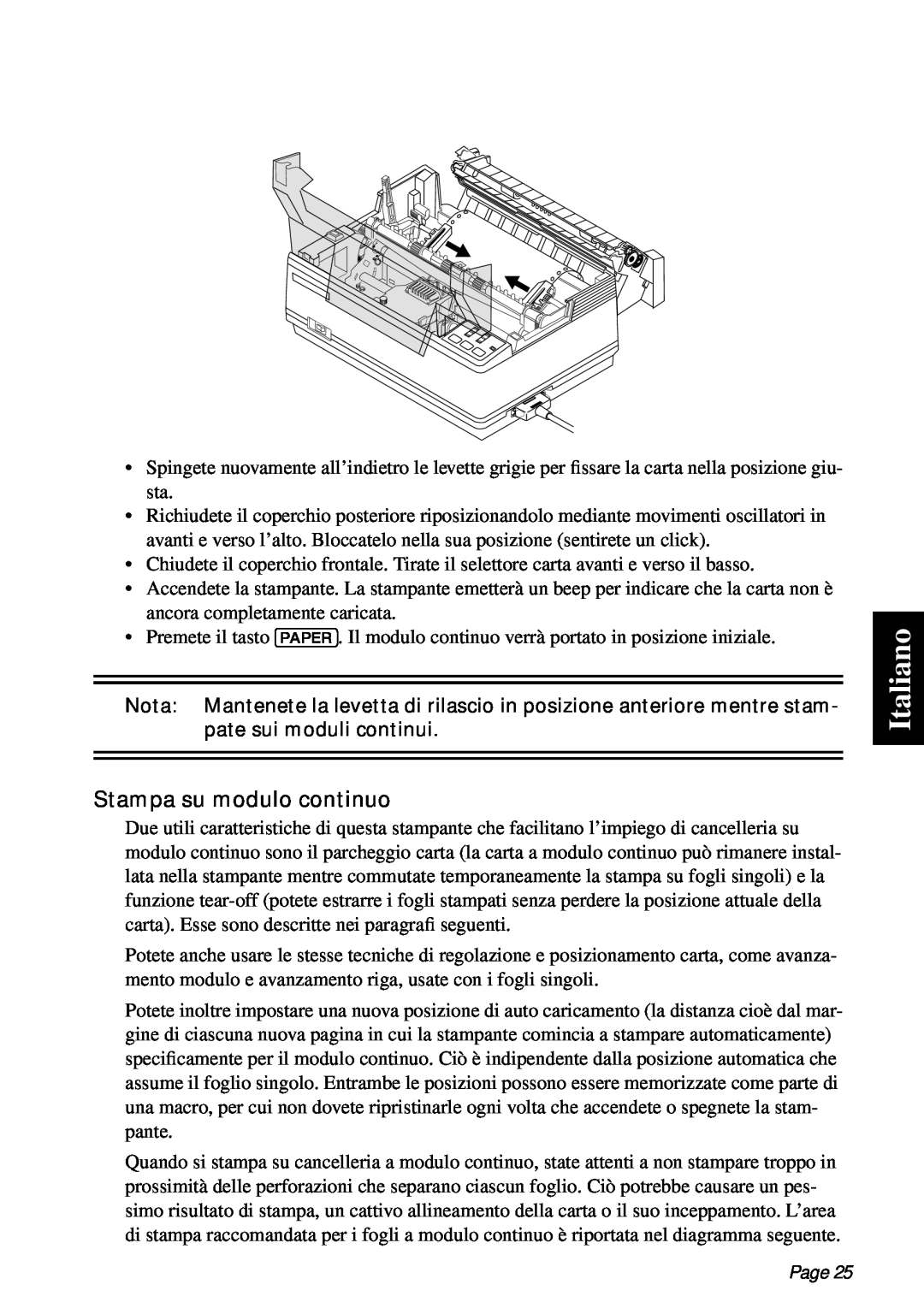 Star Micronics PT-10Q user manual Italiano, Stampa su modulo continuo, Page 