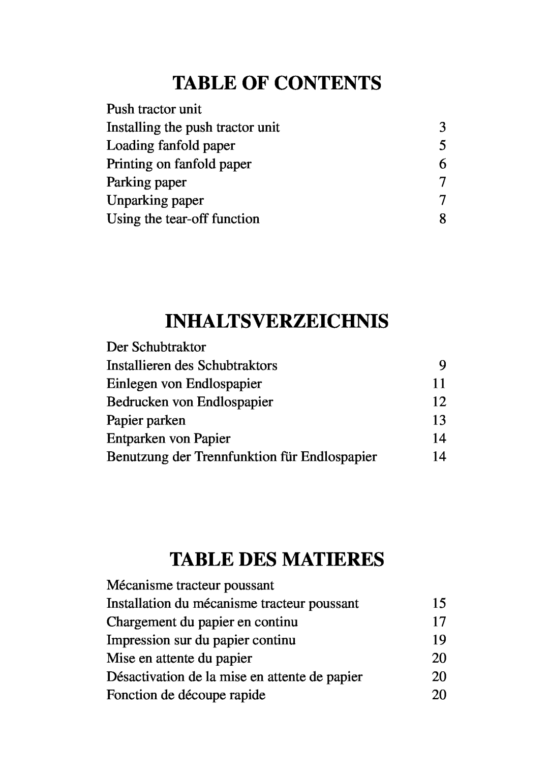 Star Micronics PT-10Q user manual Table Of Contents, Inhaltsverzeichnis, Table Des Matieres 