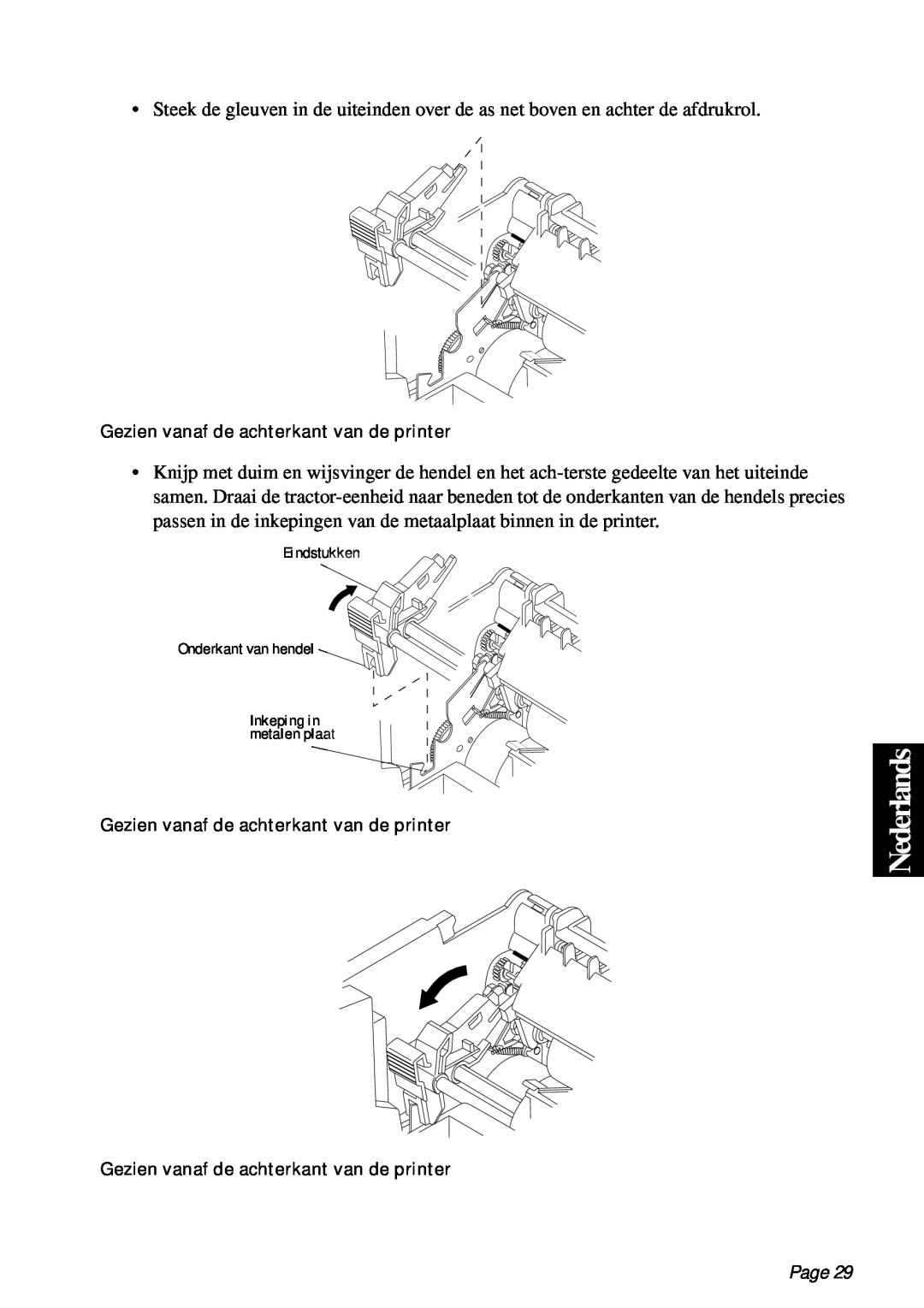 Star Micronics PT-10Q user manual Nederlands, Page, Eindstukken Onderkant van hendel 