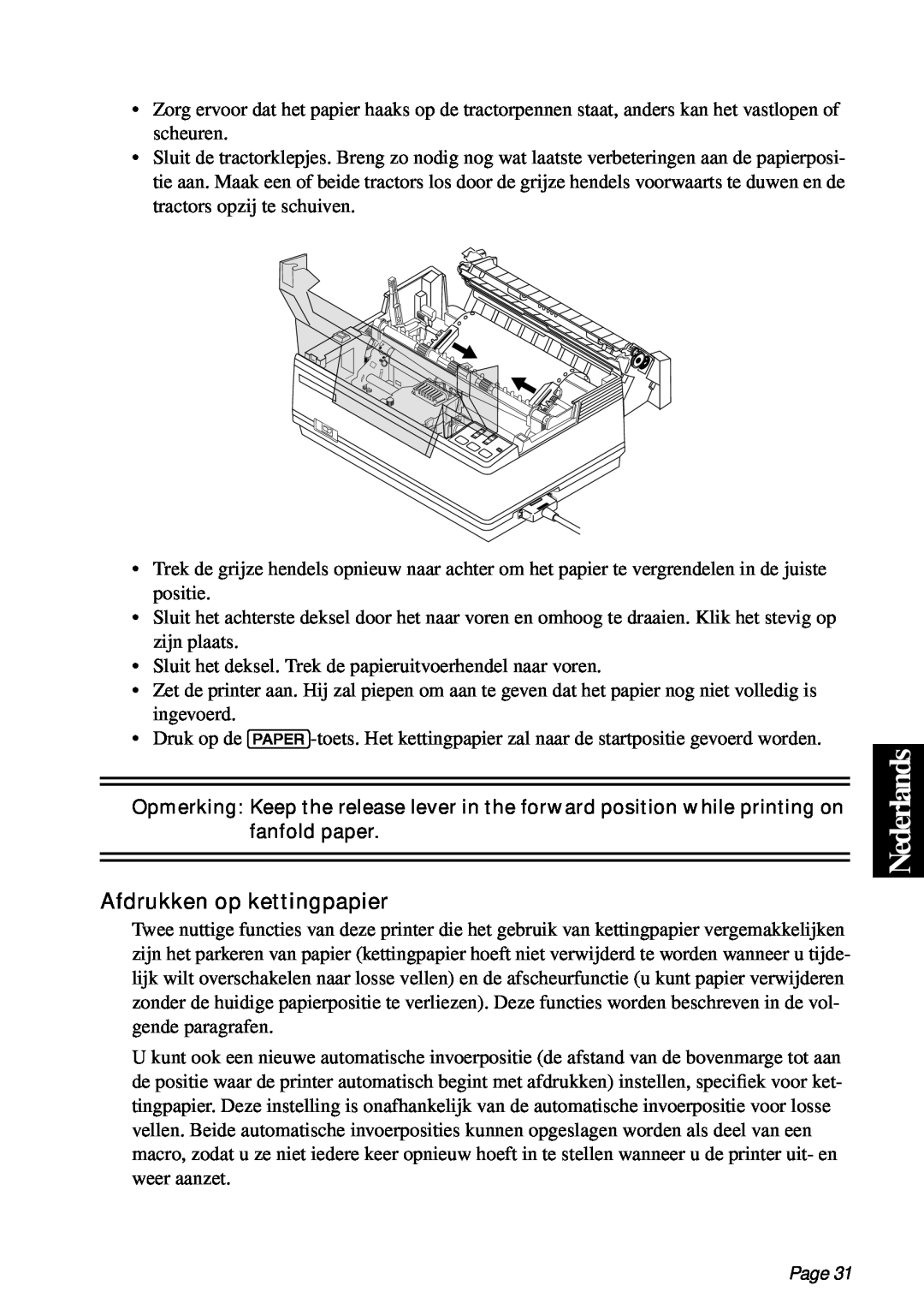 Star Micronics PT-10Q user manual Nederlands, Afdrukken op kettingpapier, Page 