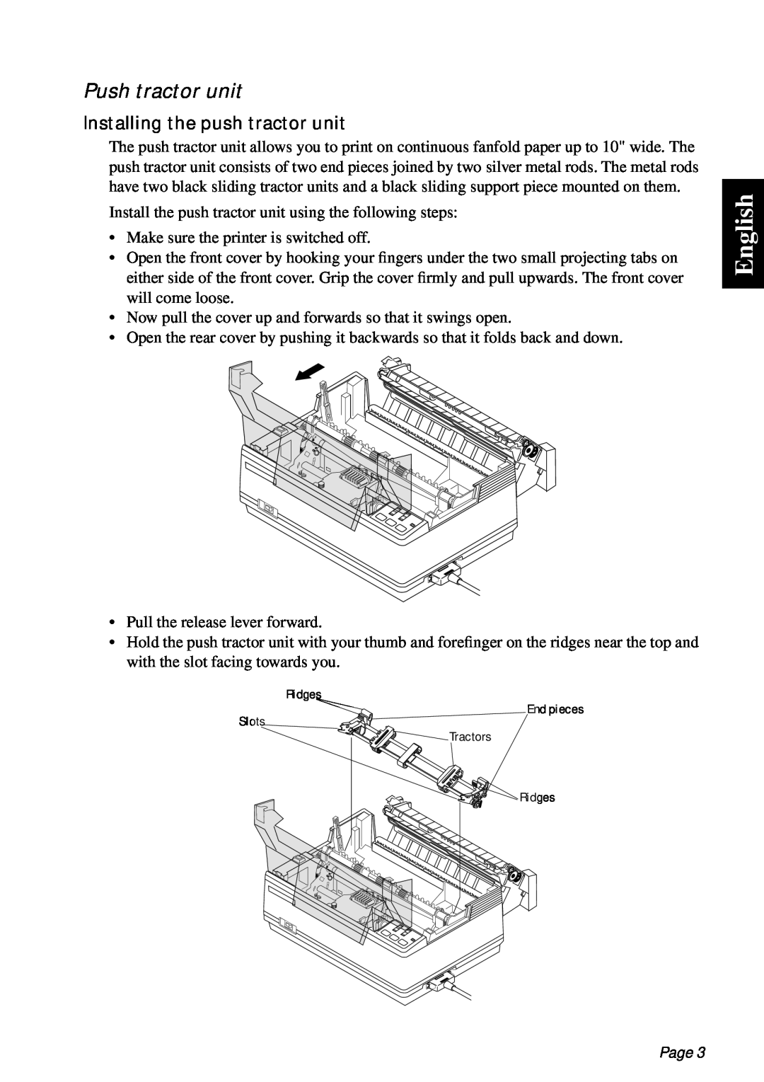 Star Micronics PT-10Q user manual English, Push tractor unit, Installing the push tractor unit, Page 