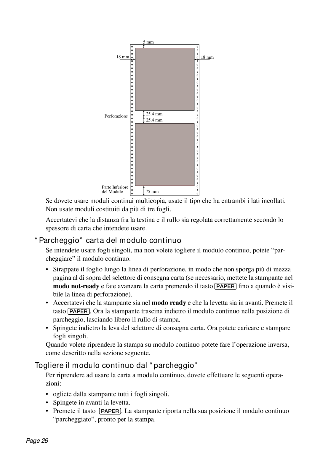 Star Micronics PT-10Q user manual Parcheggio carta del modulo continuo, Togliere il modulo continuo dal parcheggio 