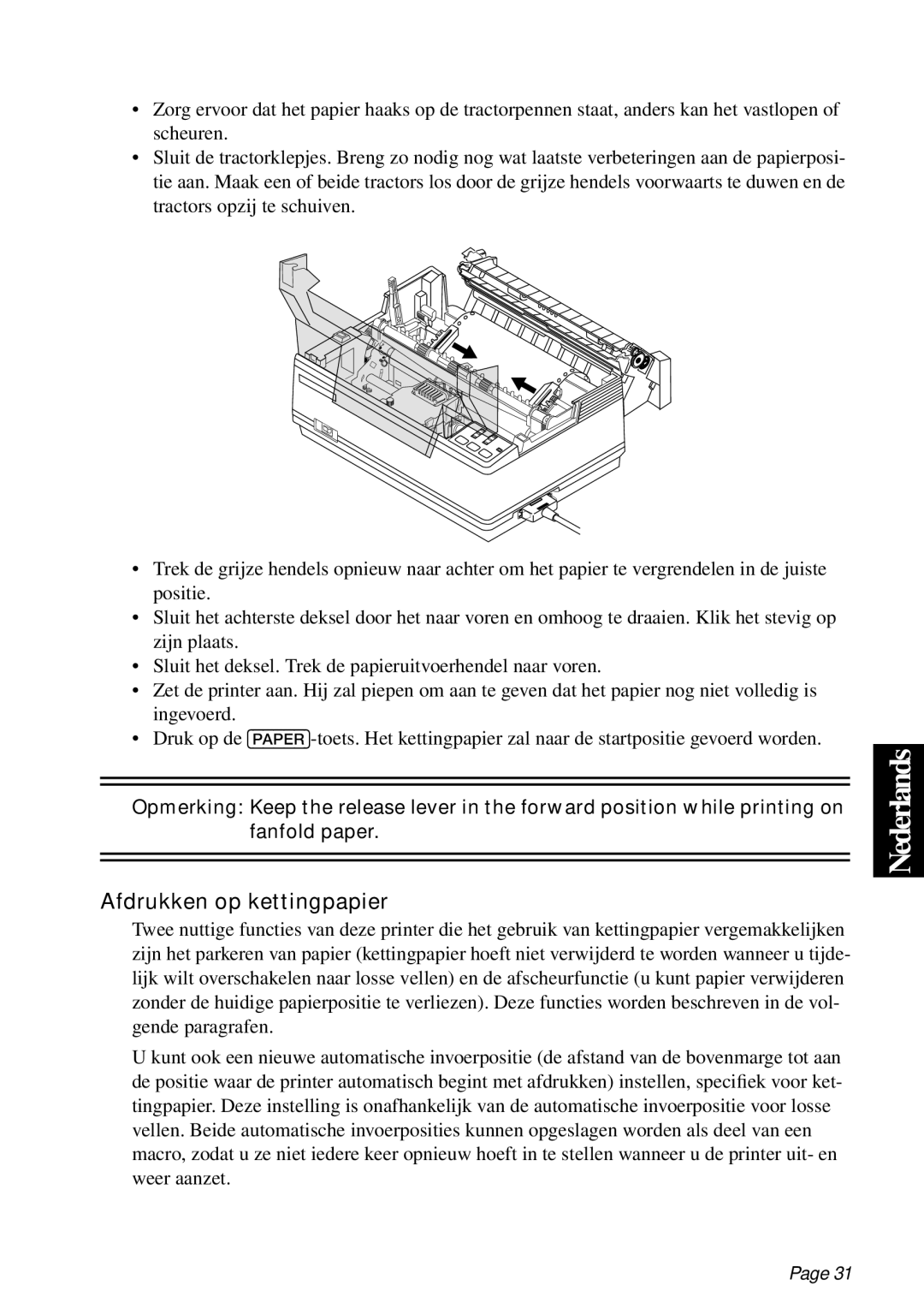 Star Micronics PT-10Q user manual Afdrukken op kettingpapier 