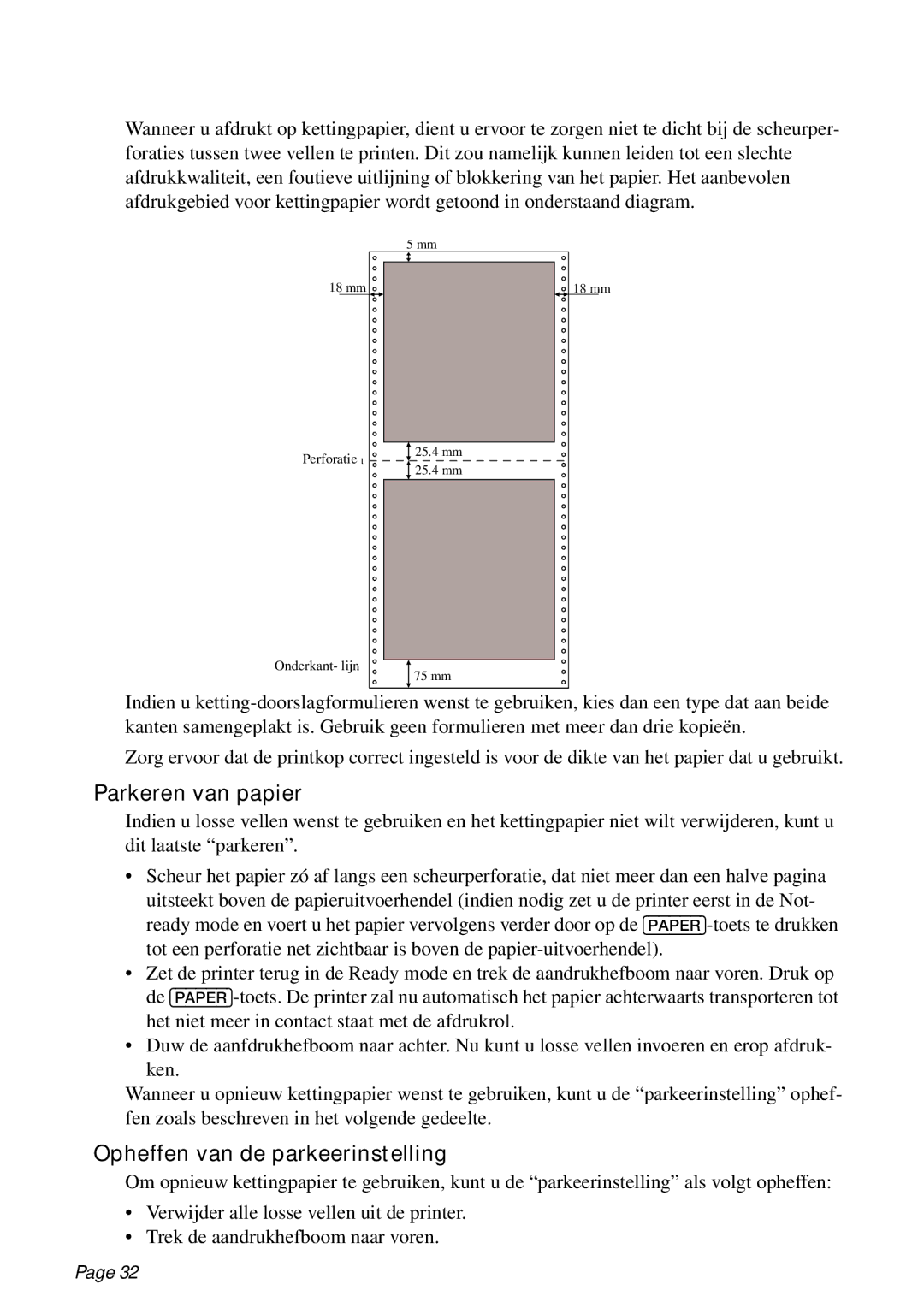 Star Micronics PT-10Q user manual Parkeren van papier, Opheffen van de parkeerinstelling 