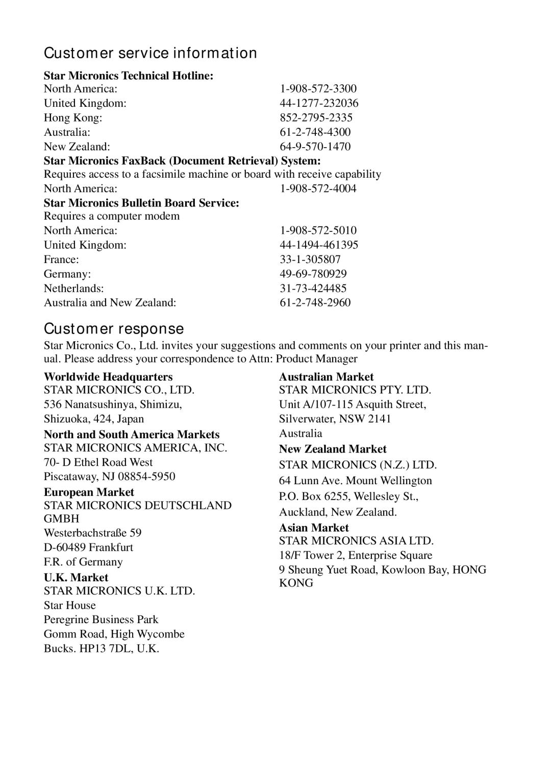 Star Micronics PT-10Q user manual Customer service information 