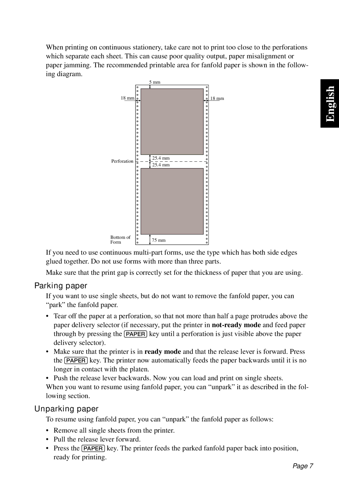 Star Micronics PT-10Q user manual Parking paper, Unparking paper 