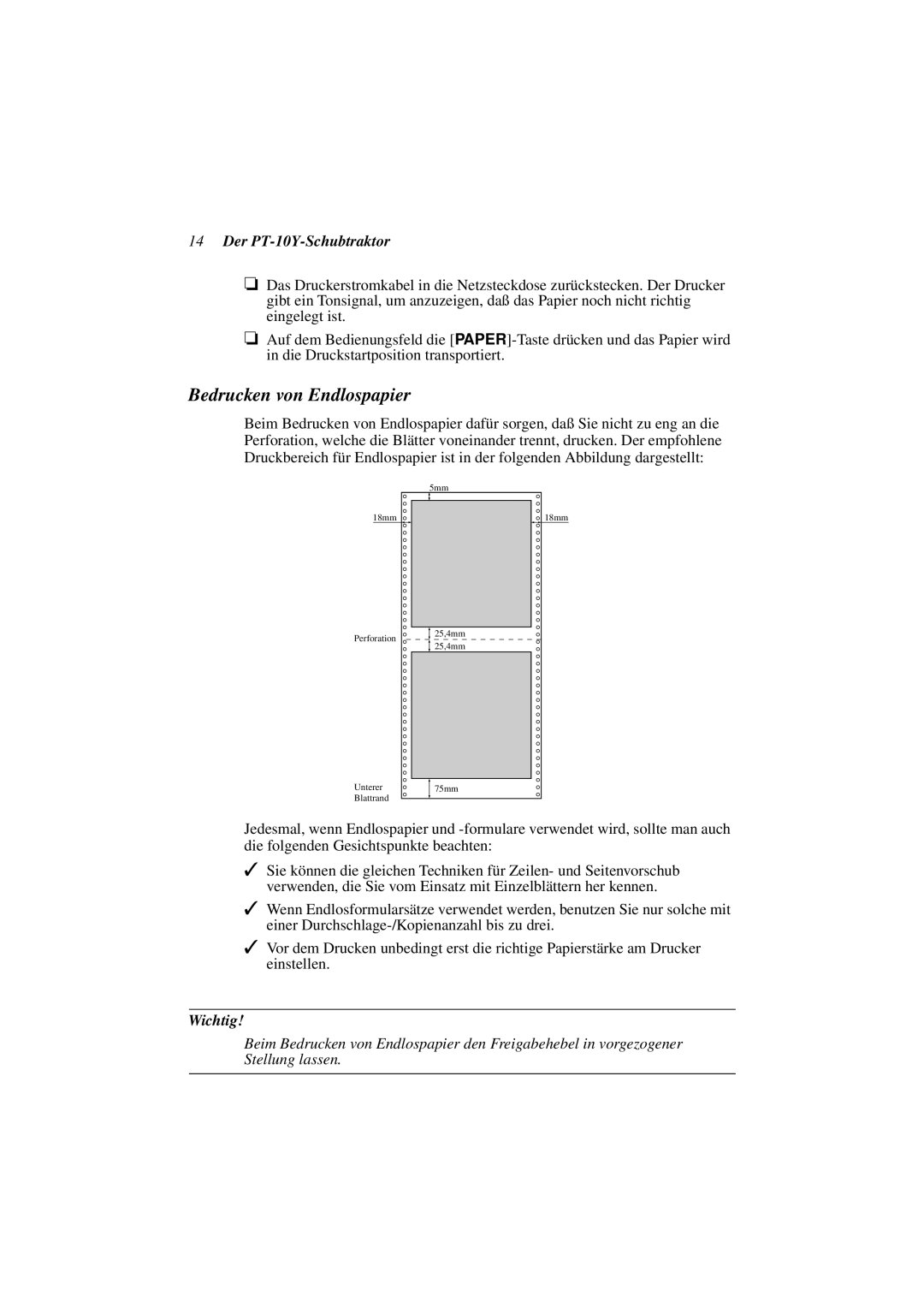 Star Micronics PT-10Y user manual Bedrucken von Endlospapier 