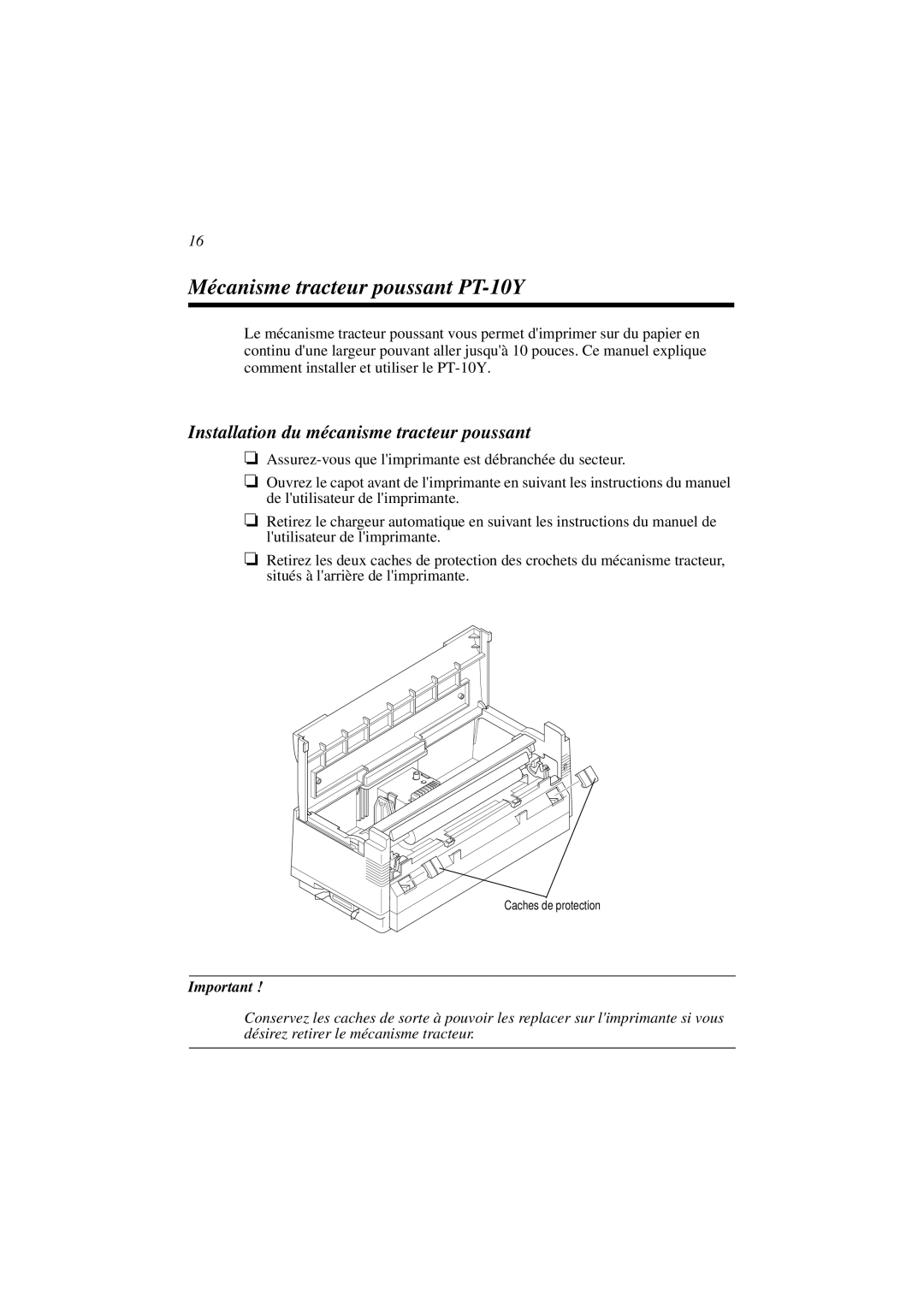 Star Micronics user manual Mécanisme tracteur poussant PT-10Y, Installation du mécanisme tracteur poussant 