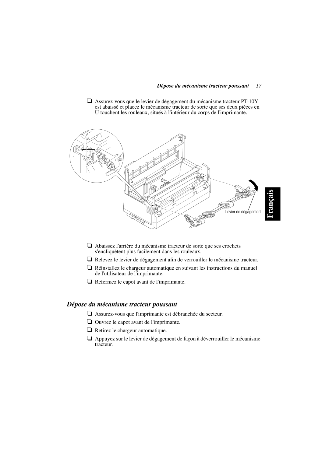 Star Micronics PT-10Y user manual Dépose du mécanisme tracteur poussant 