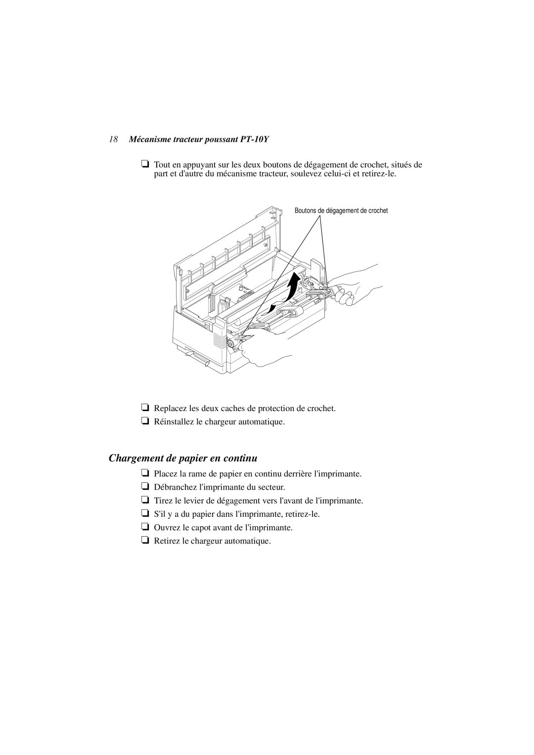 Star Micronics user manual Chargement de papier en continu, 18 Mécanisme tracteur poussant PT-10Y 