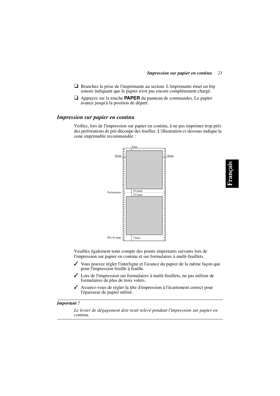 Star Micronics PT-10Y user manual Impression sur papier en continu 