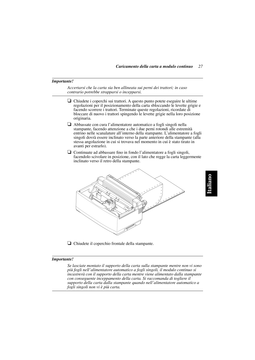 Star Micronics PT-10Y user manual Caricamento della carta a modulo continuo Importante 