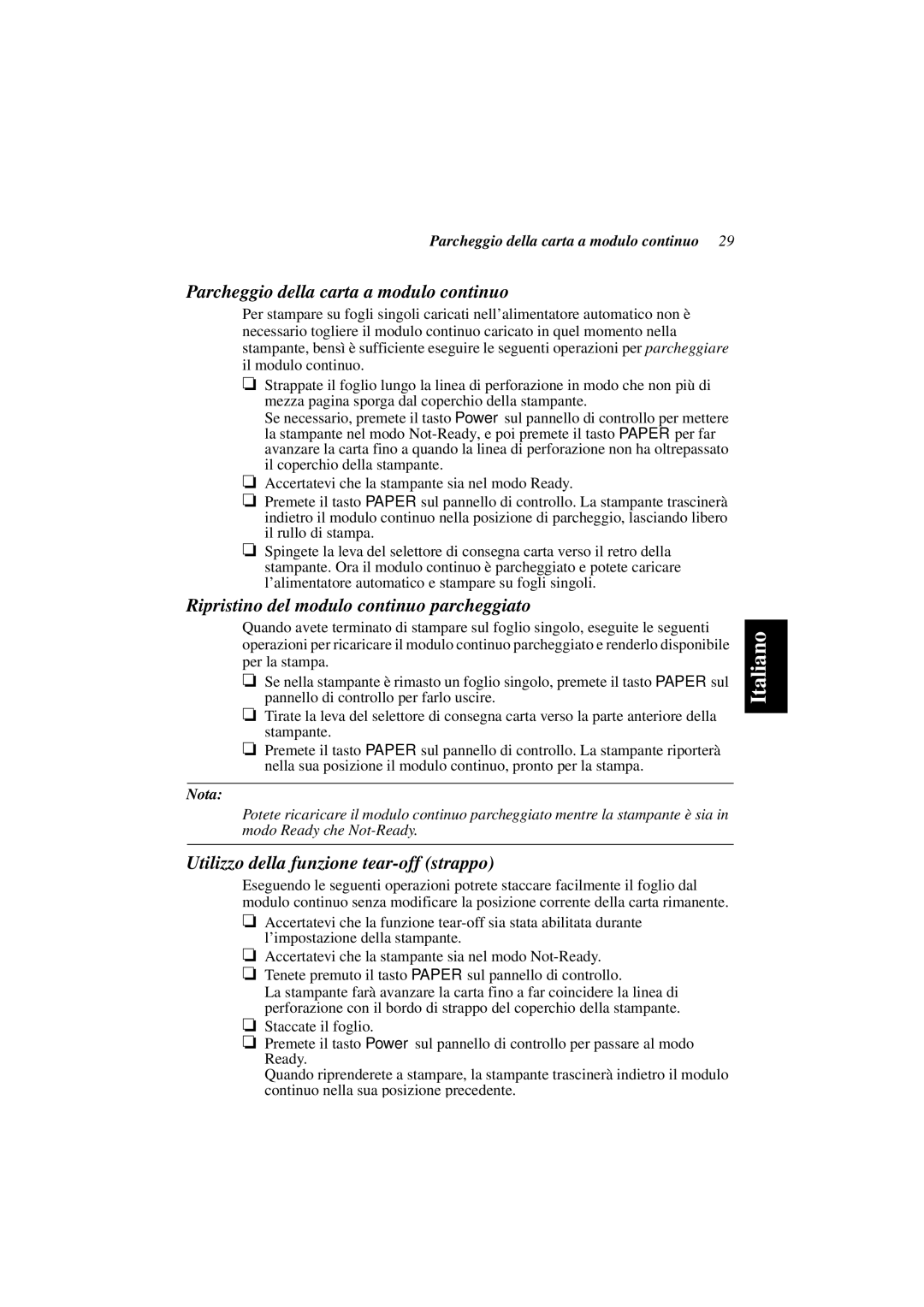 Star Micronics PT-10Y Parcheggio della carta a modulo continuo, Ripristino del modulo continuo parcheggiato, Nota 