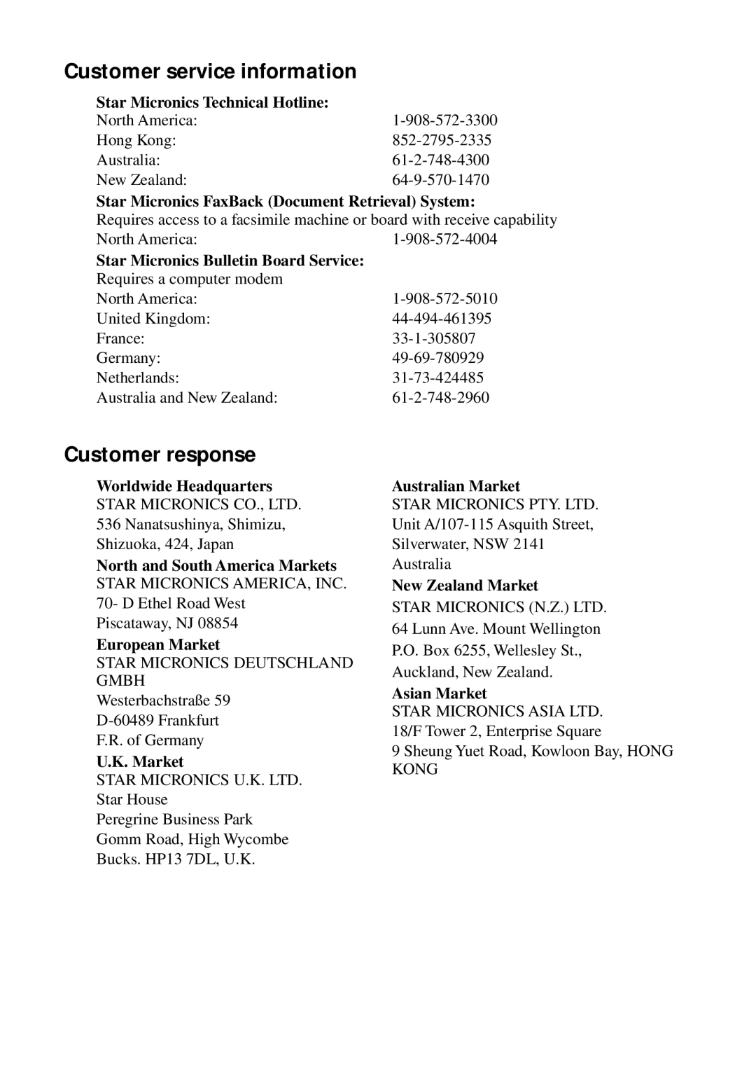 Star Micronics PT-10Y user manual Customer service information 